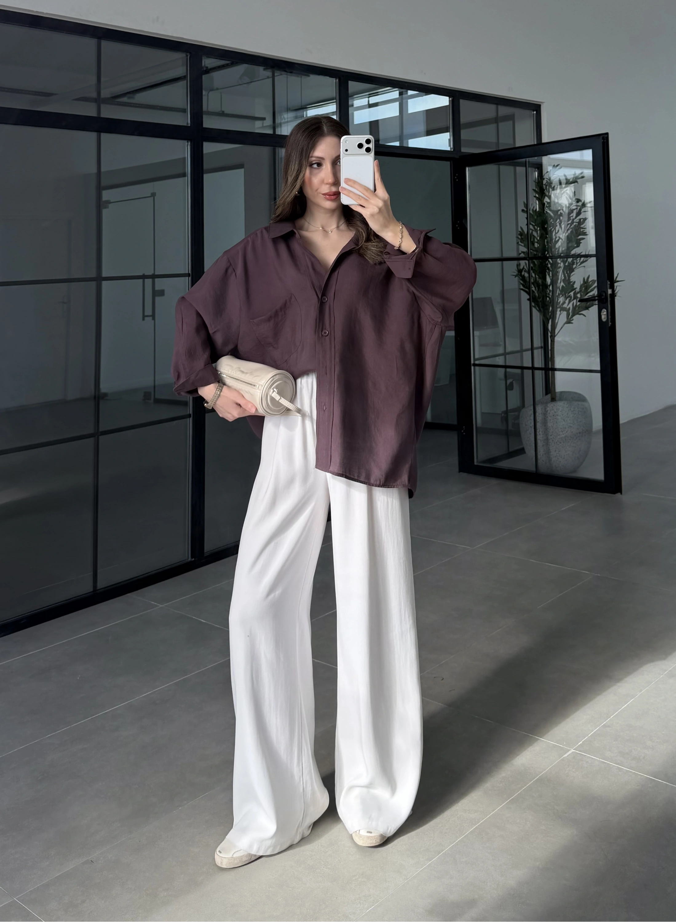 Mürdüm Oversize Tensel Gömlek