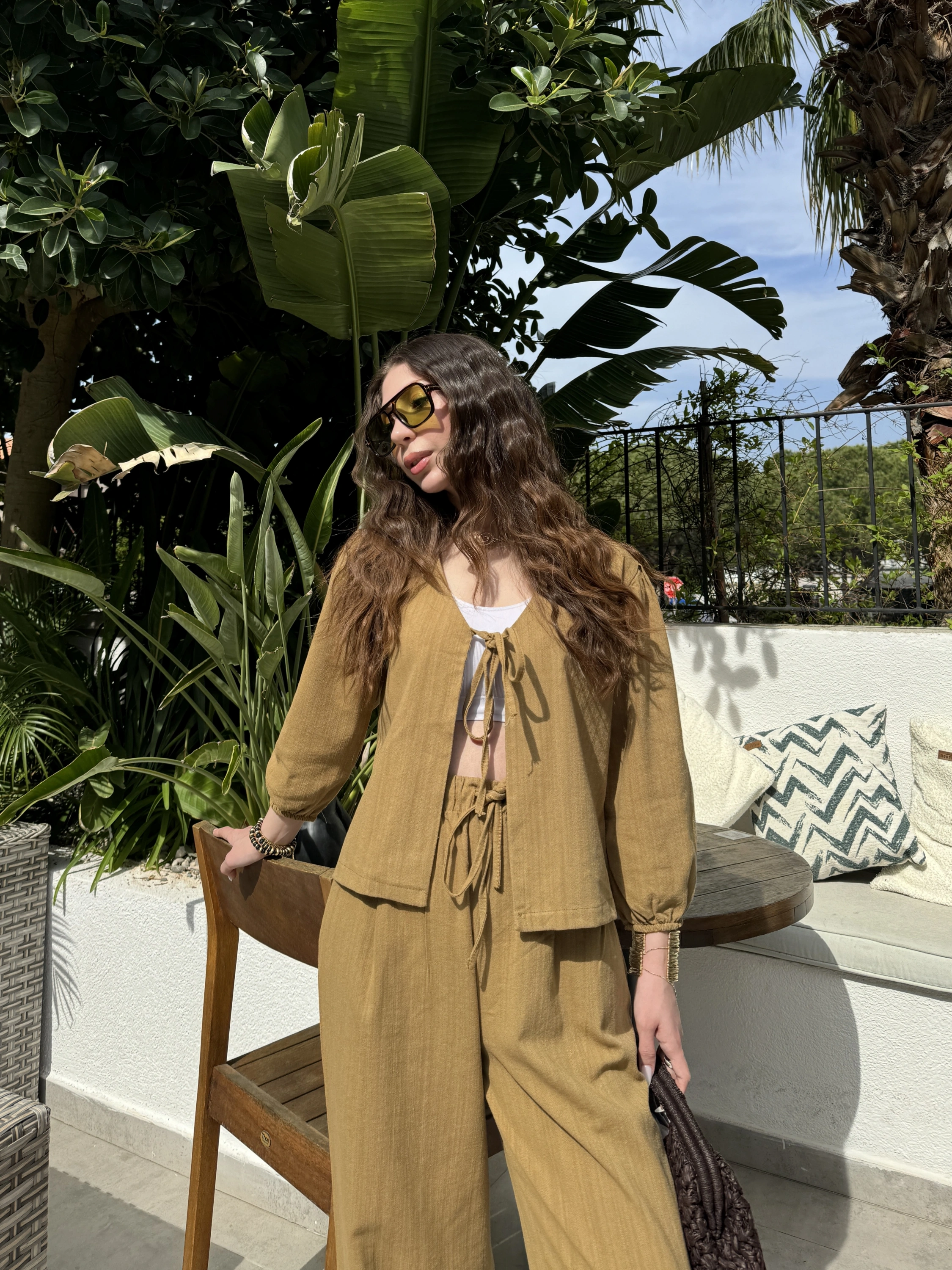 Diana Önü Bağlamalı Kısa Keten Yağ Yeşili Kimono Takım