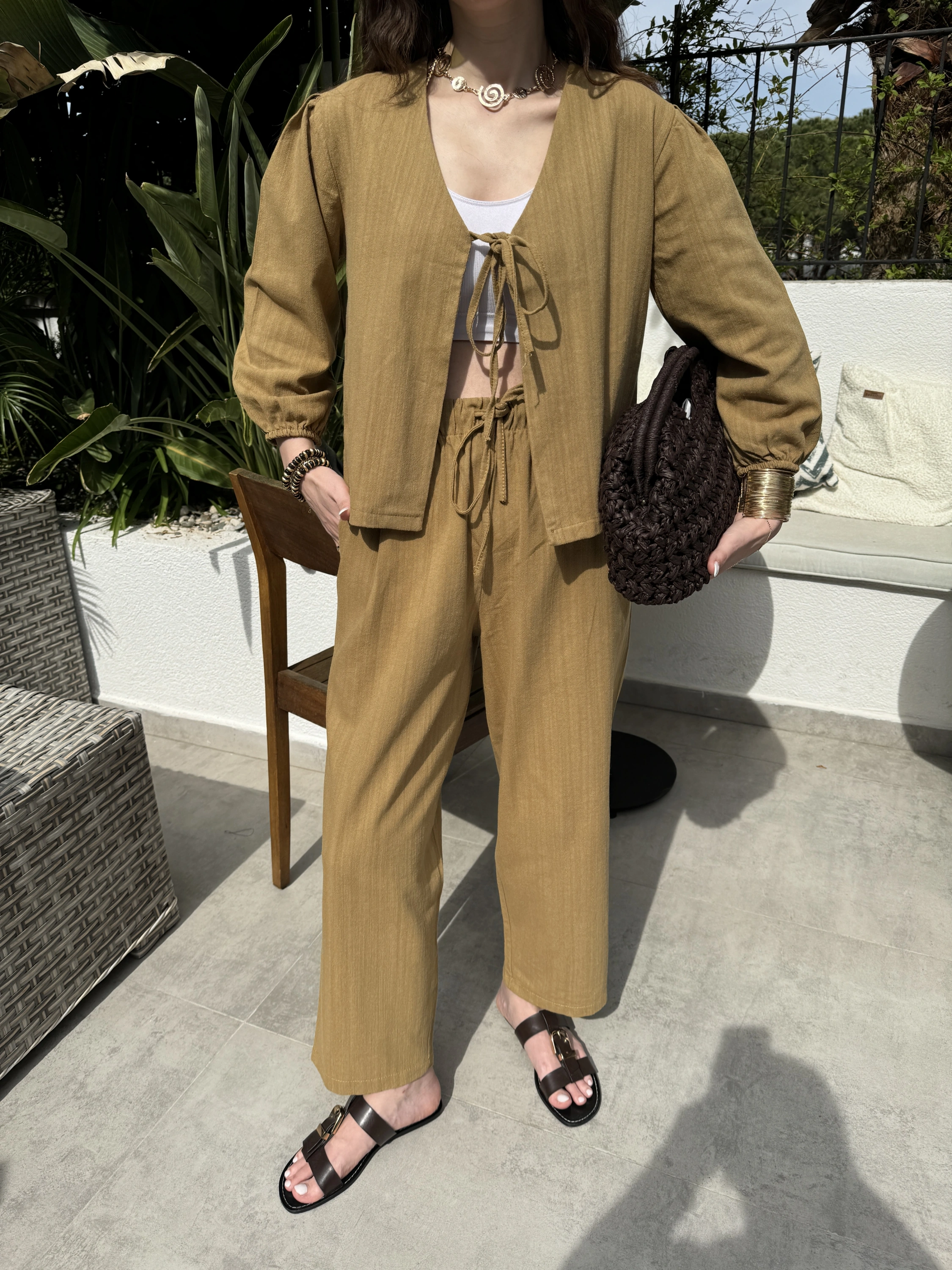 Diana Önü Bağlamalı Kısa Keten Yağ Yeşili Kimono Takım