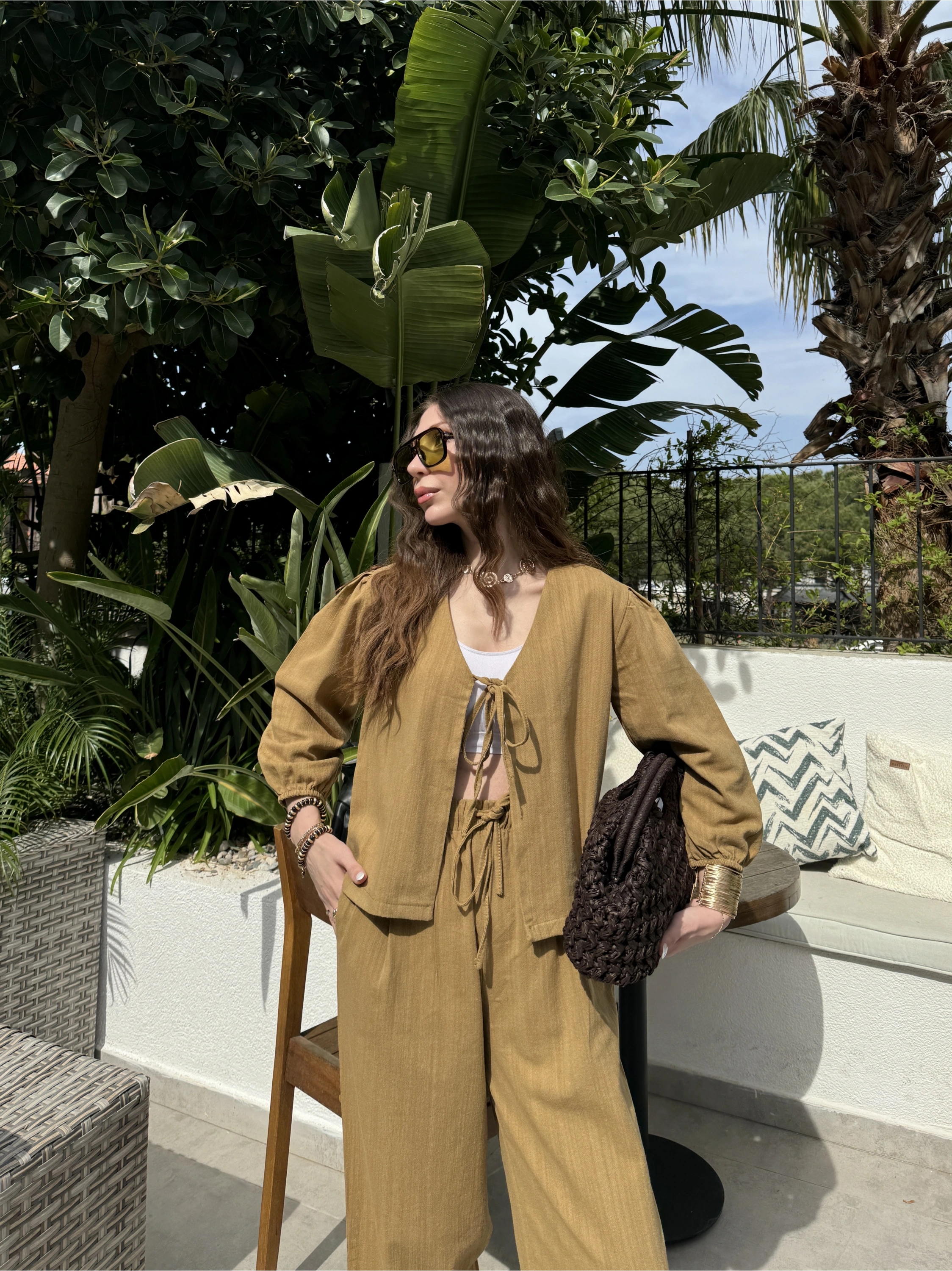 Diana Önü Bağlamalı Kısa Keten Yağ Yeşili Kimono Takım