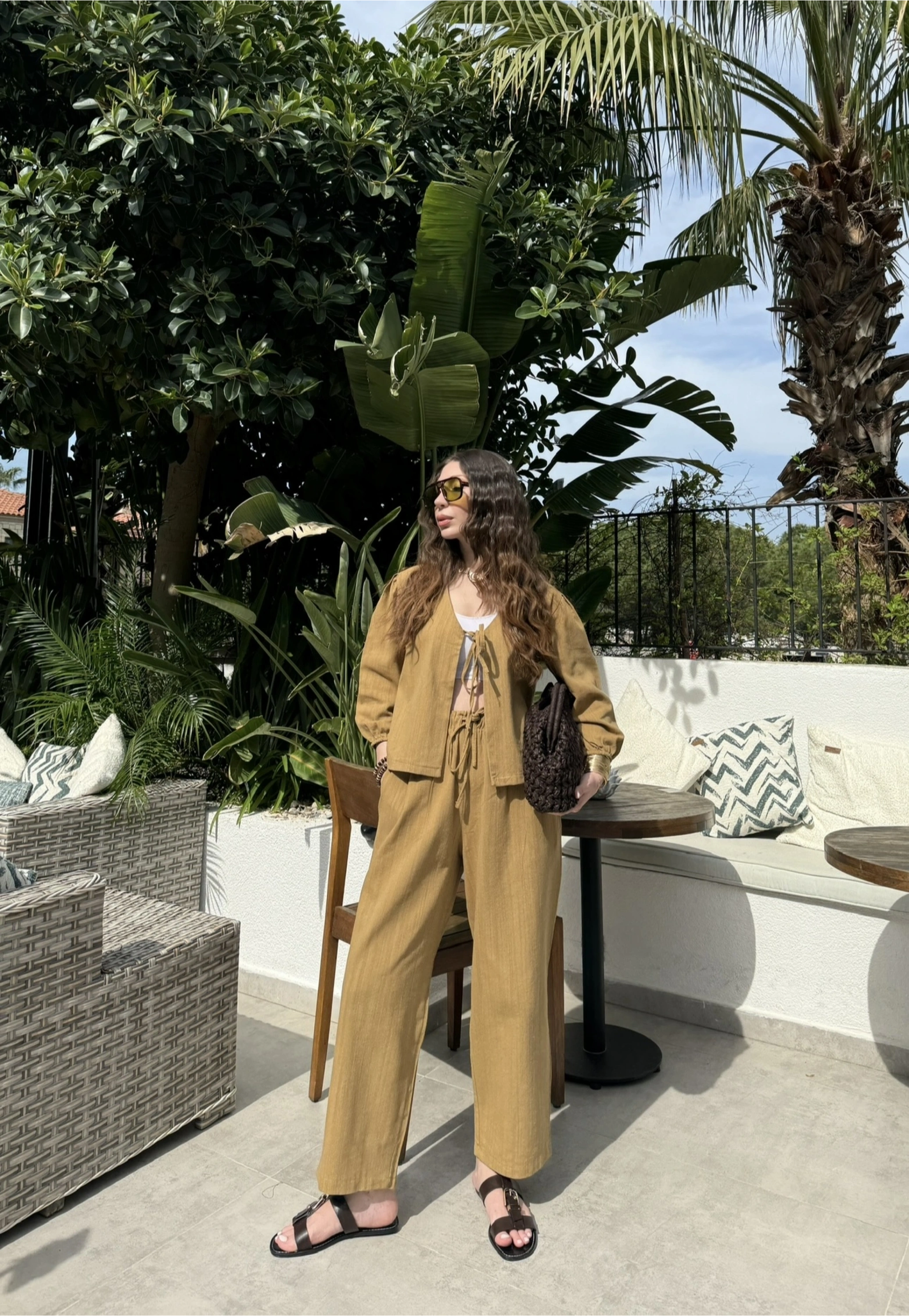 Diana Önü Bağlamalı Kısa Keten Yağ Yeşili Kimono Takım
