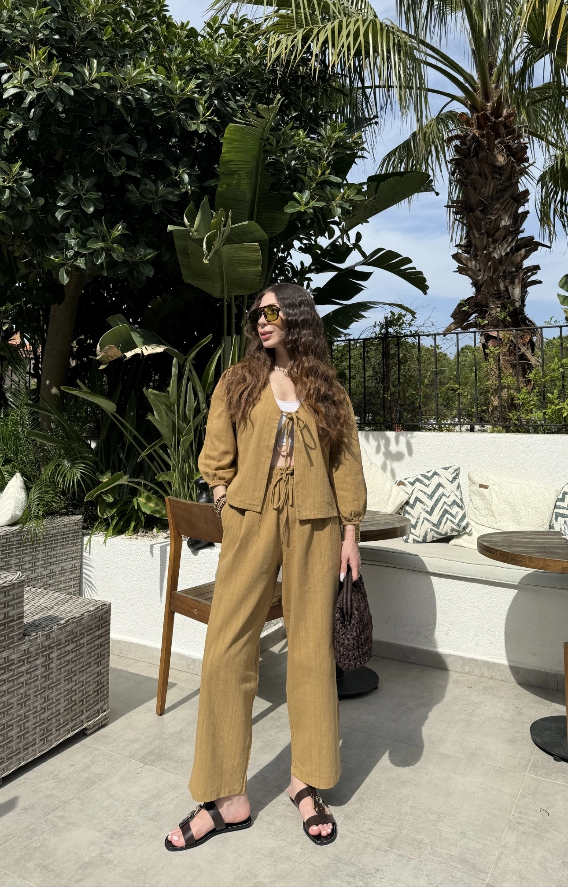 Diana Önü Bağlamalı Kısa Keten Yağ Yeşili Kimono Takım