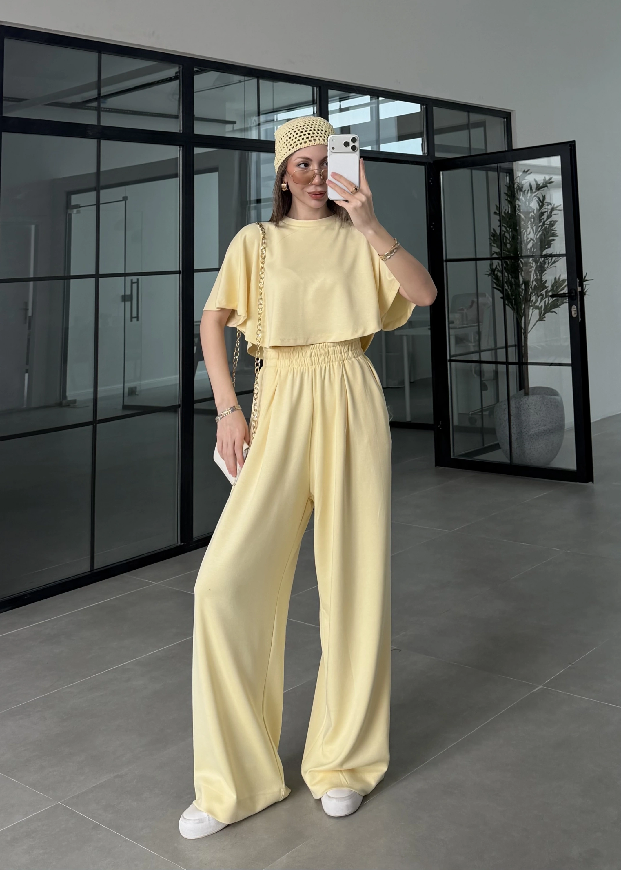 Oysh Modal Kumaş Beli Lastikli Sarı Crop Takım