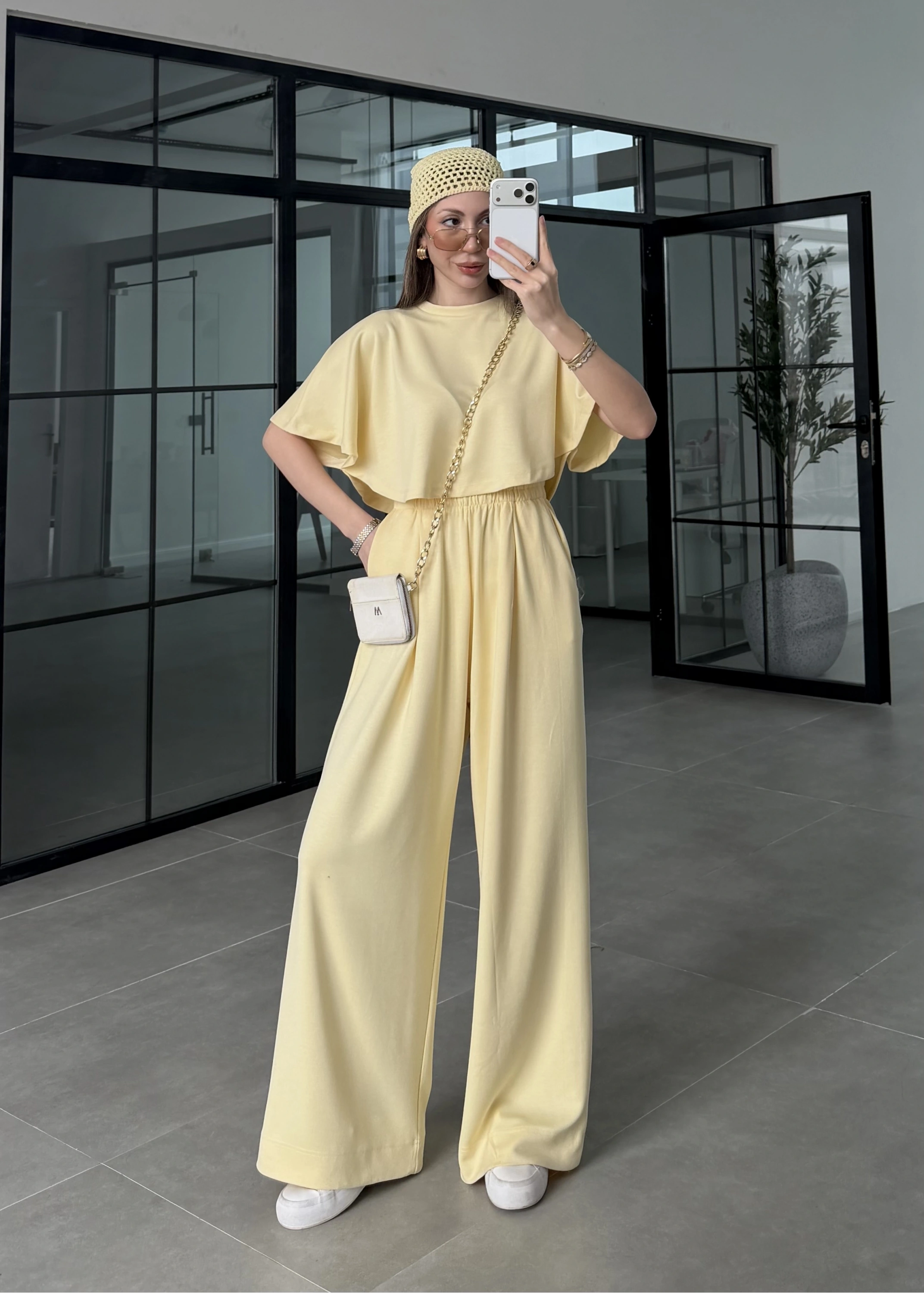 Oysh Modal Kumaş Beli Lastikli Sarı Crop Takım