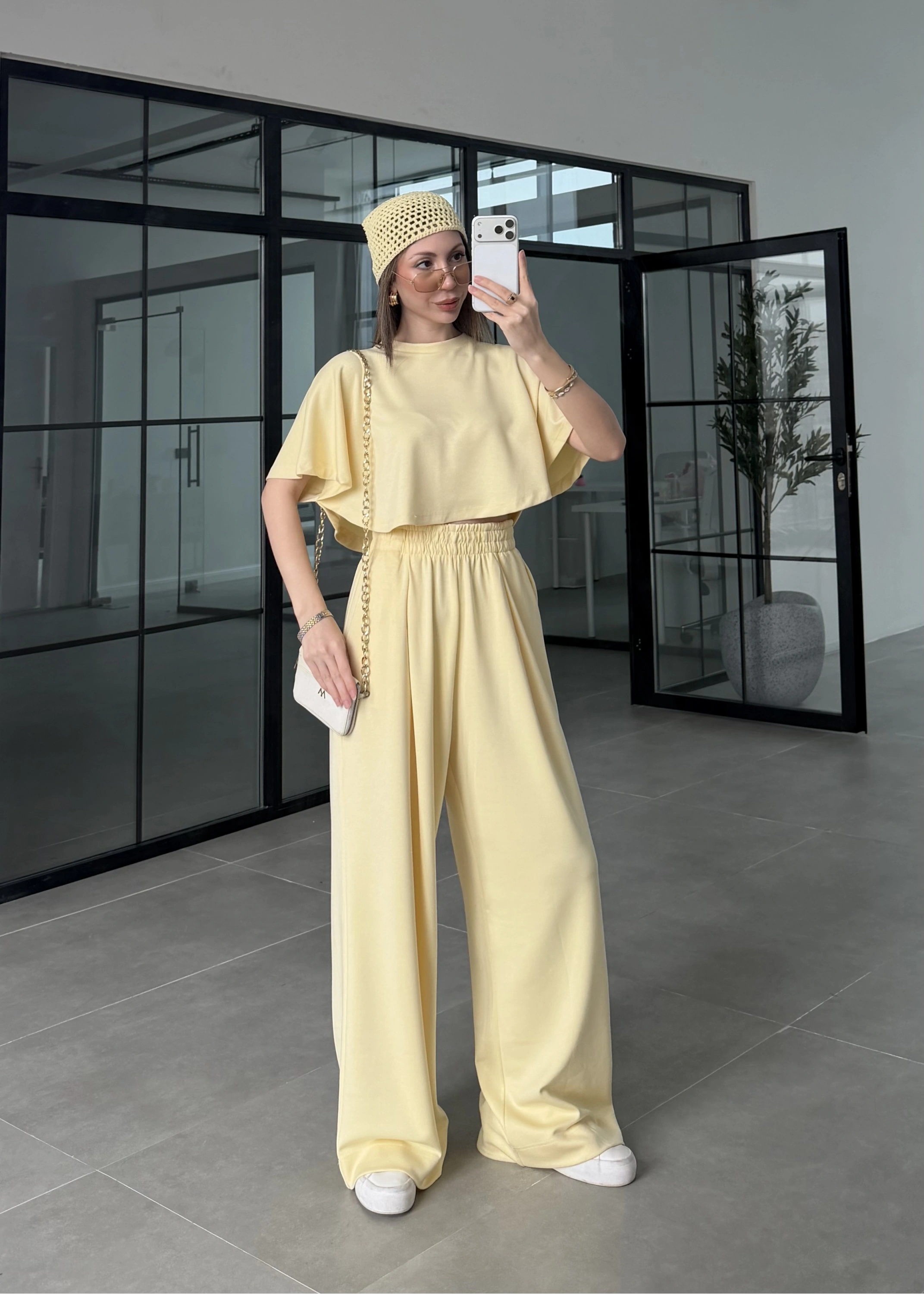 Oysh Modal Kumaş Beli Lastikli Sarı Crop Takım