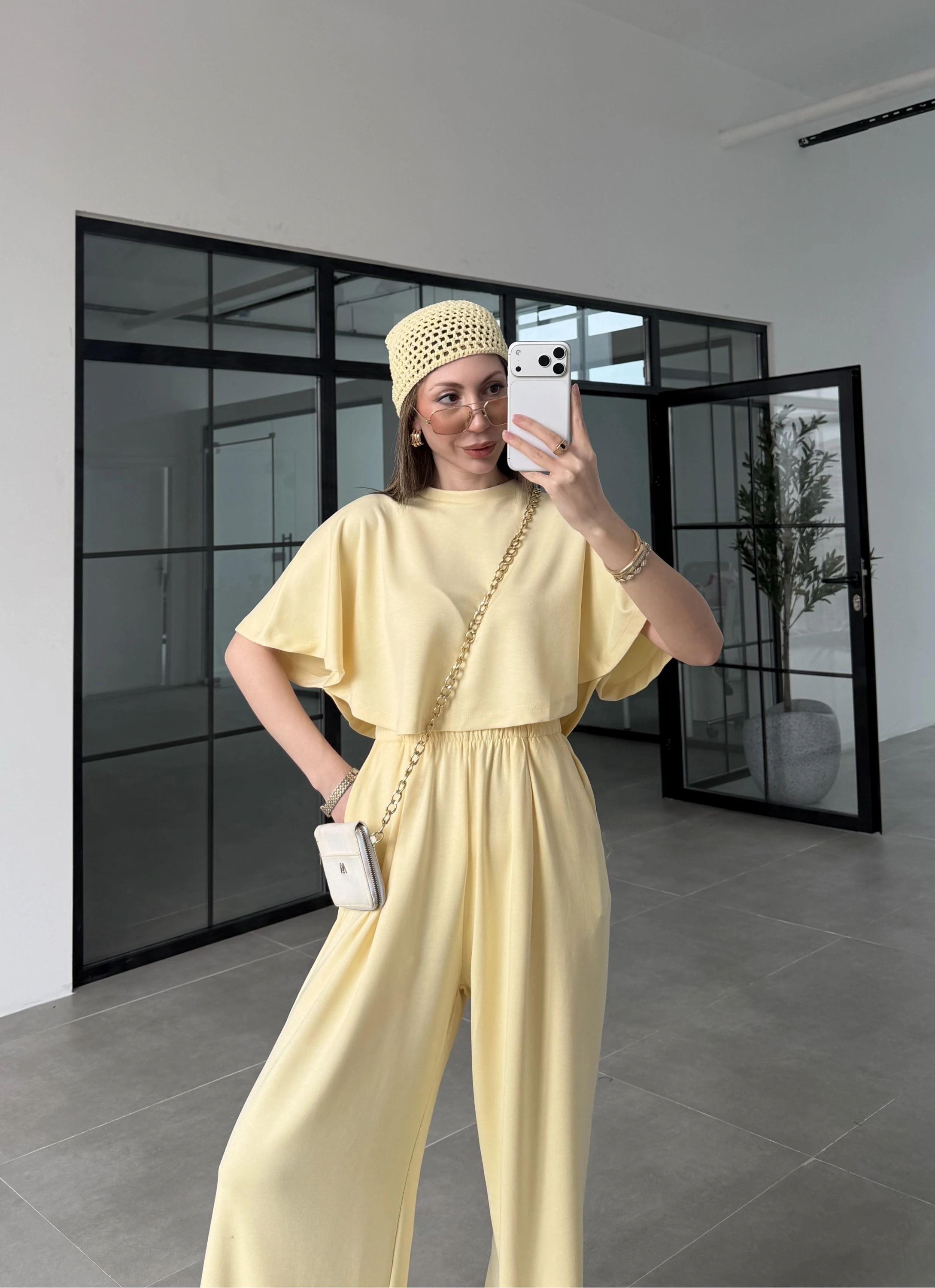 Oysh Modal Kumaş Beli Lastikli Sarı Crop Takım