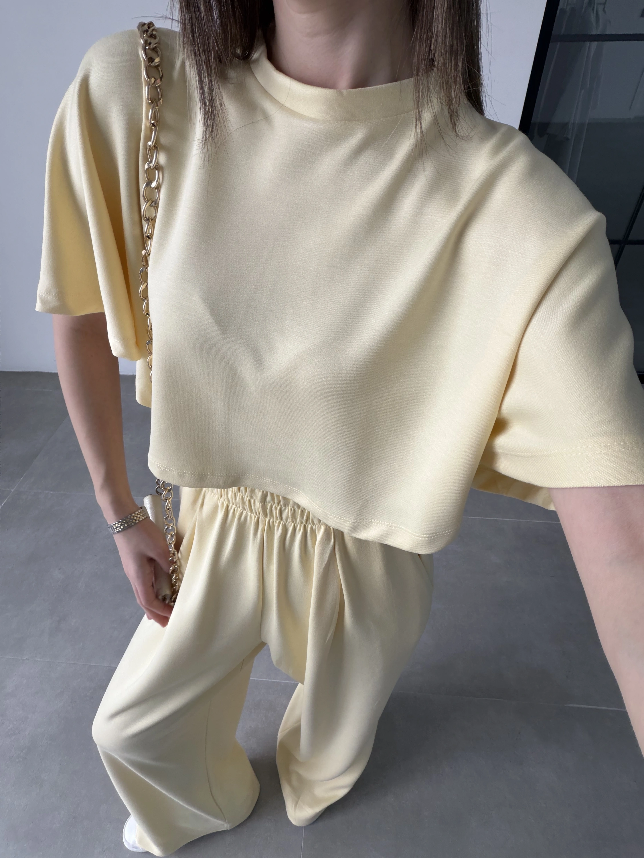 Oysh Modal Kumaş Beli Lastikli Sarı Crop Takım
