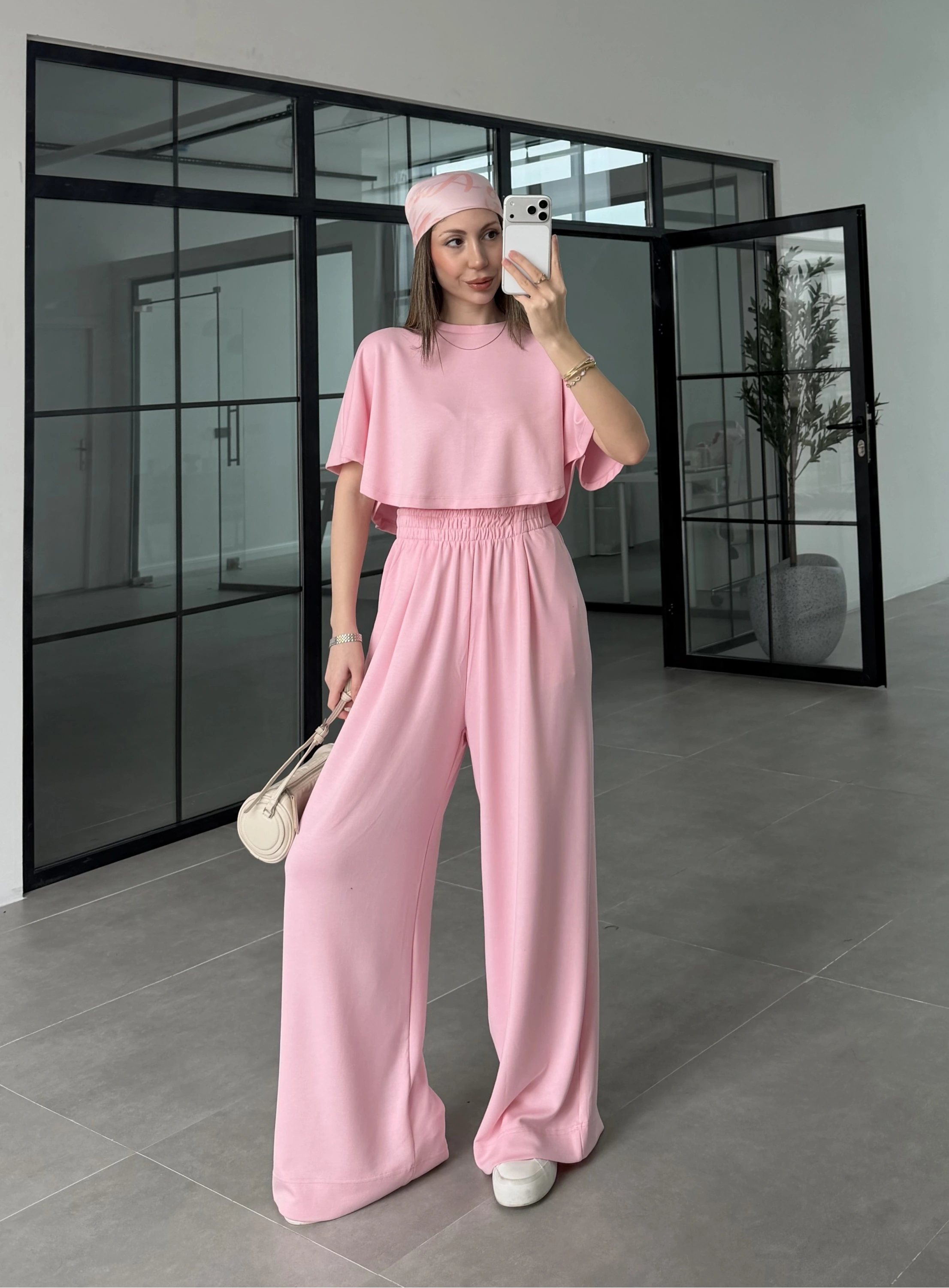 Oysh Modal Kumaş Beli Lastikli Pembe Crop Takım