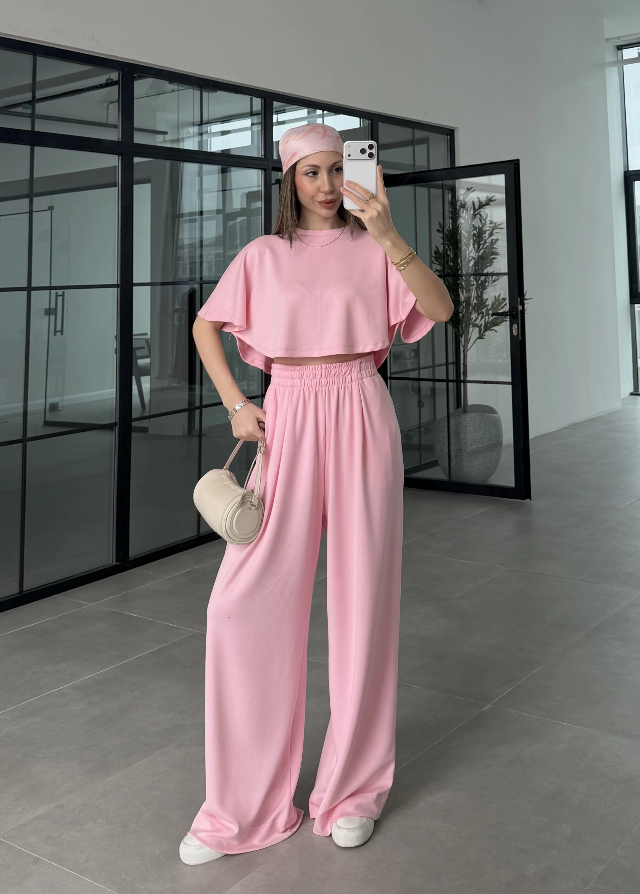 Oysh Modal Kumaş Beli Lastikli Pembe Crop Takım