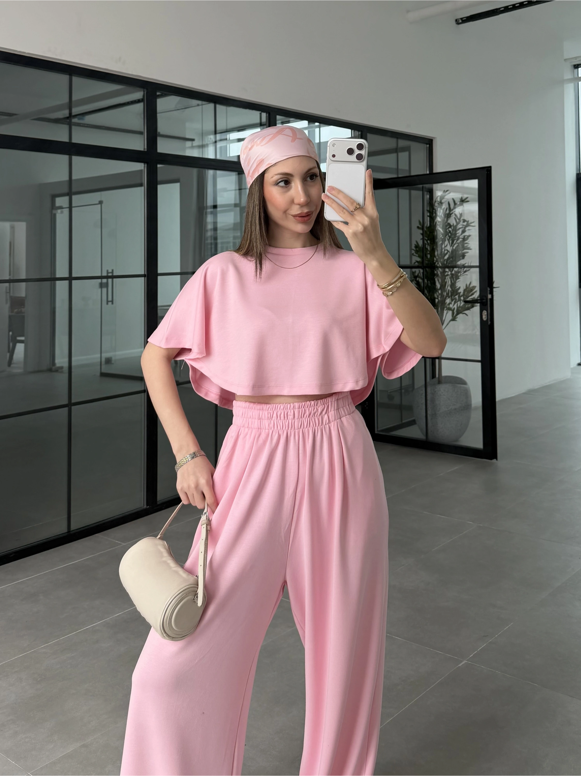Oysh Modal Kumaş Beli Lastikli Pembe Crop Takım