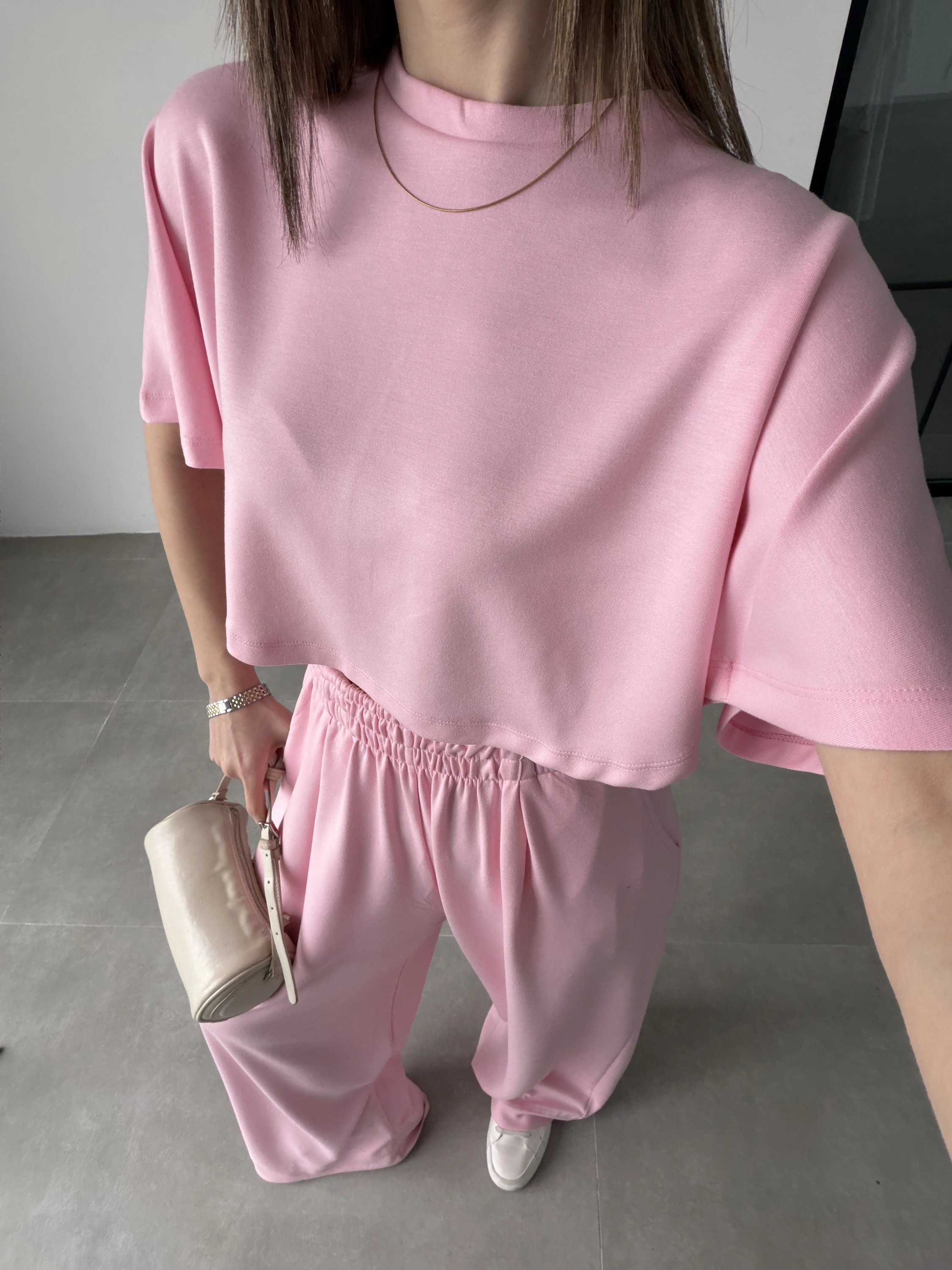 Oysh Modal Kumaş Beli Lastikli Pembe Crop Takım