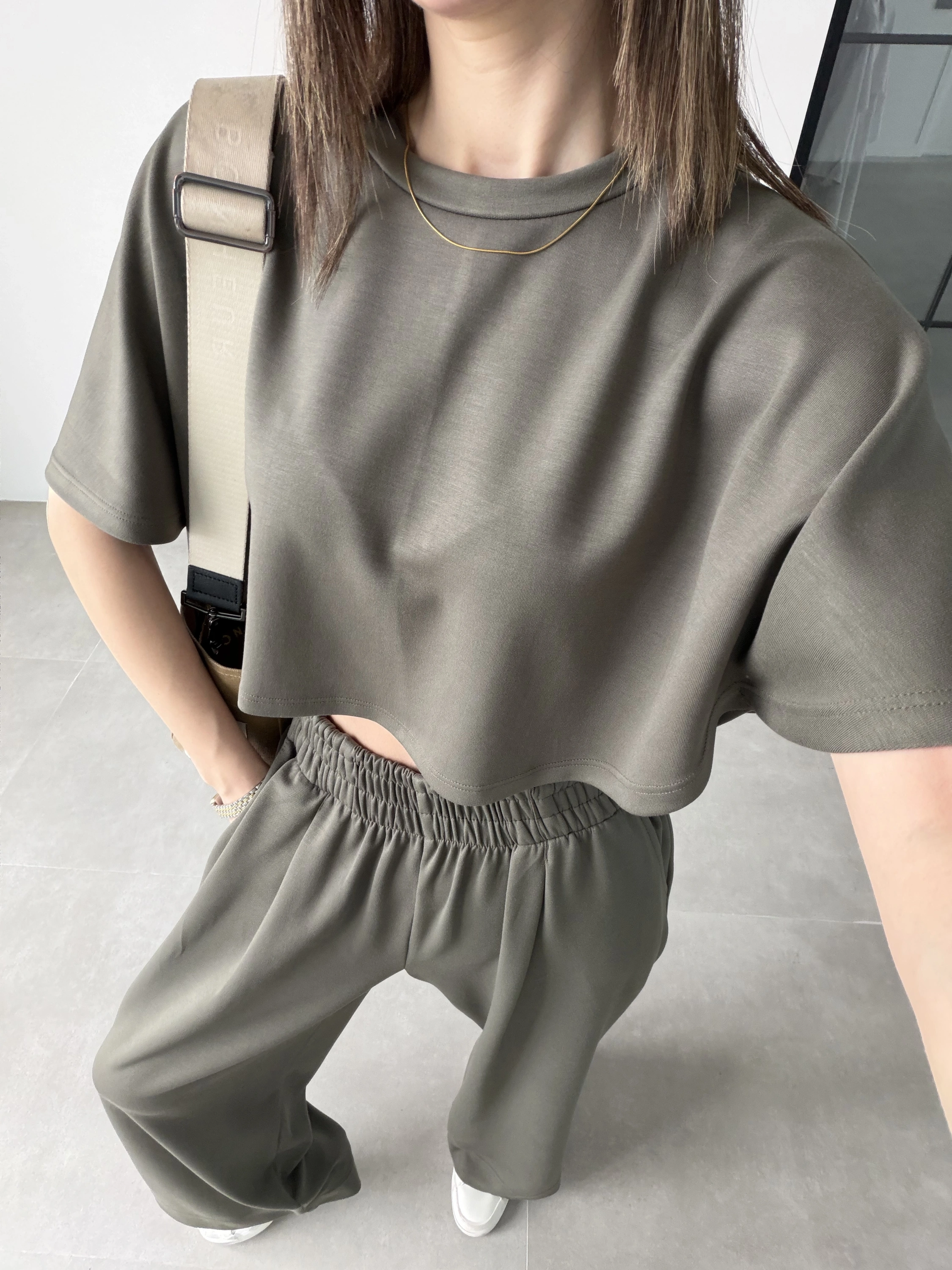 Oysh Modal Kumaş Beli Lastikli Haki Crop Takım
