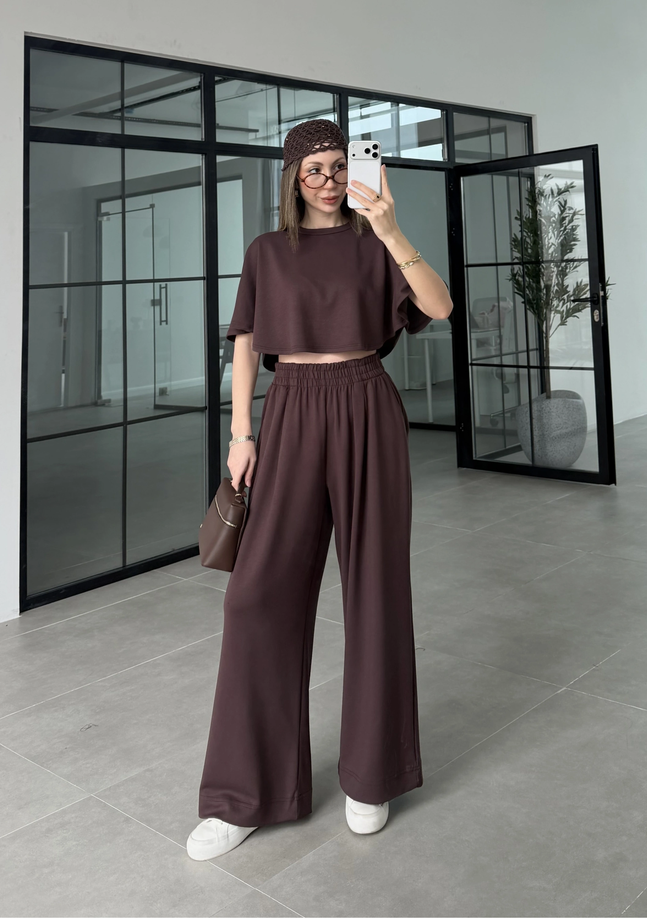 Oysh Modal Kumaş Beli Lastikli Kahve Crop Takım