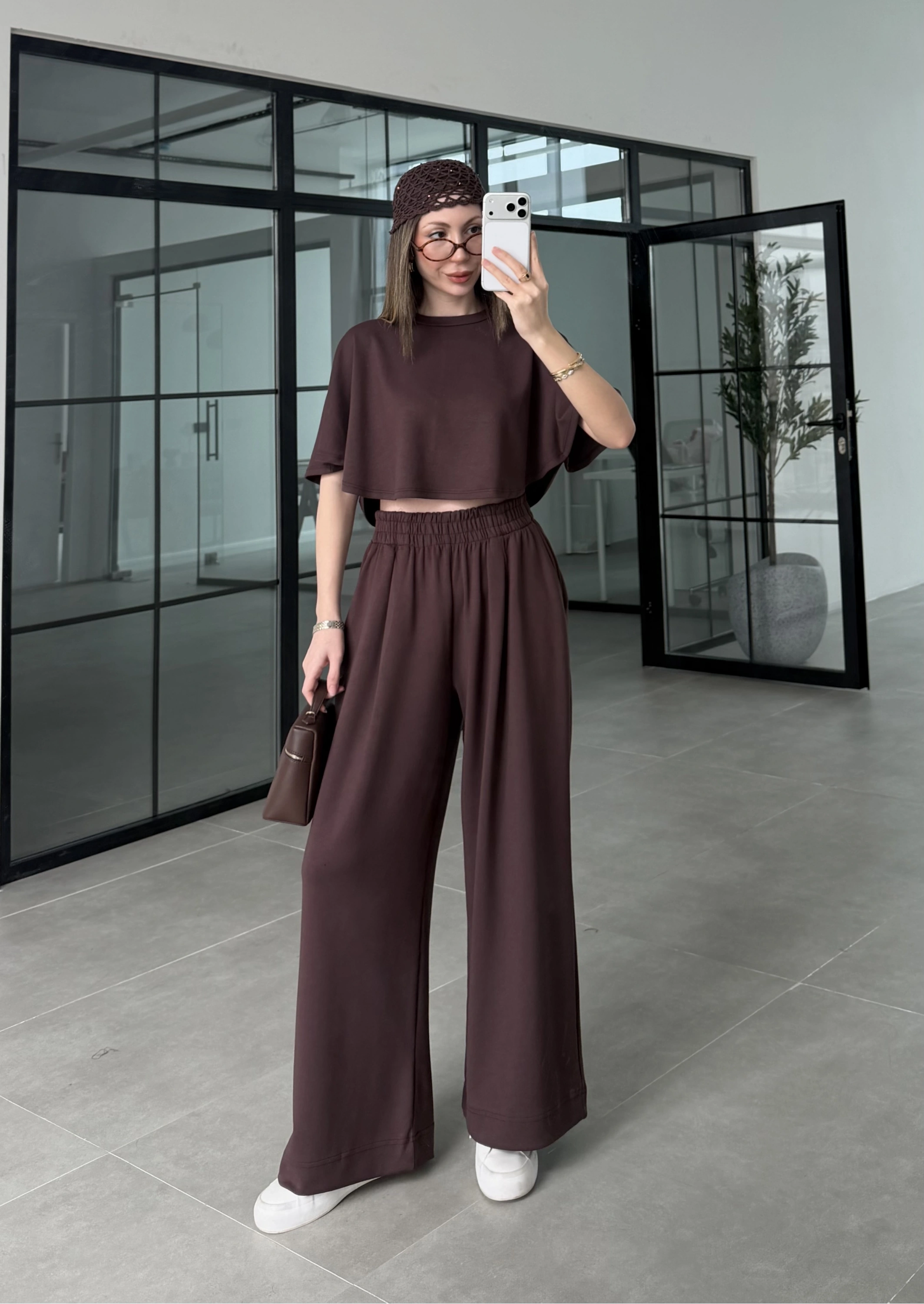 Oysh Modal Kumaş Beli Lastikli Kahve Crop Takım