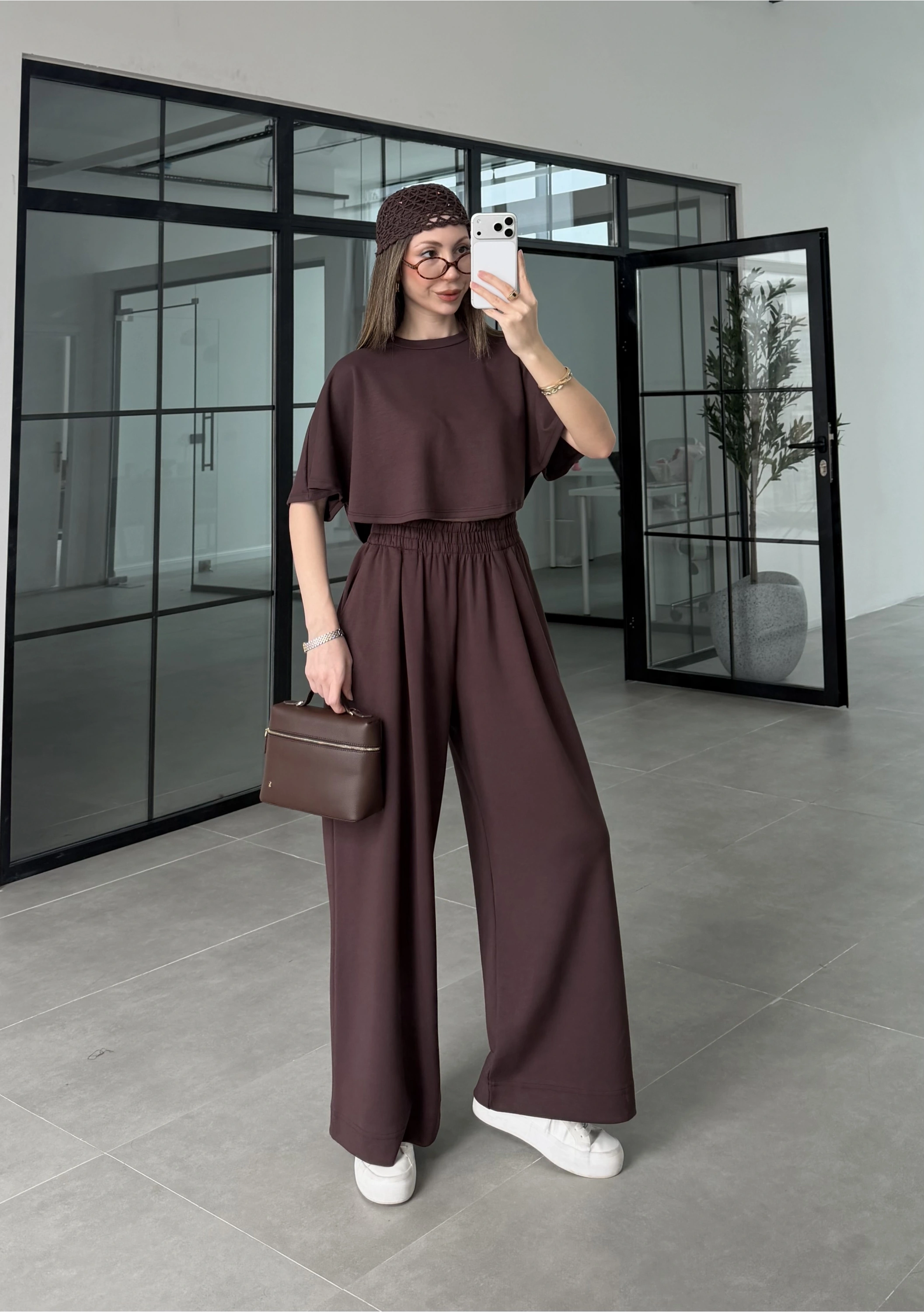 Oysh Modal Kumaş Beli Lastikli Kahve Crop Takım
