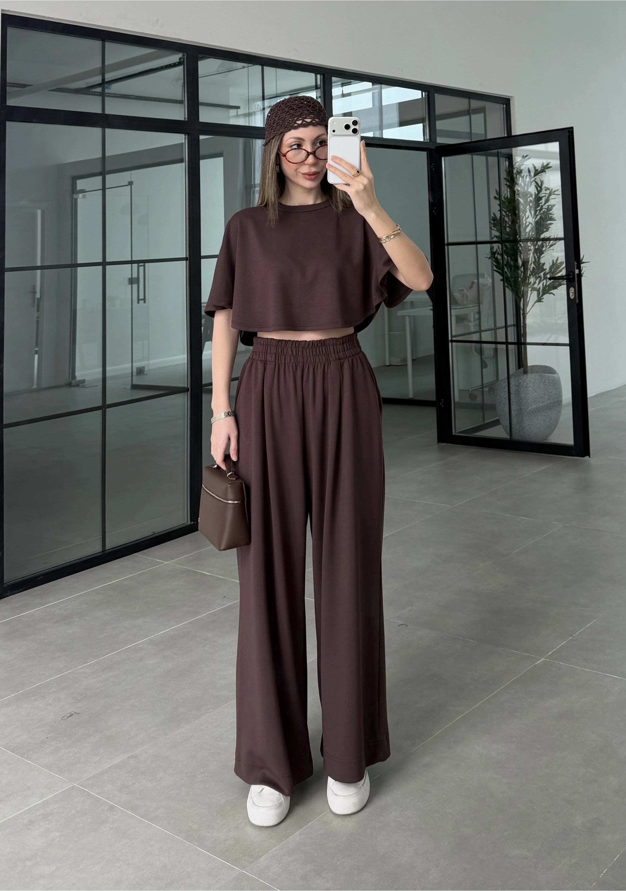 Oysh Modal Kumaş Beli Lastikli Kahve Crop Takım