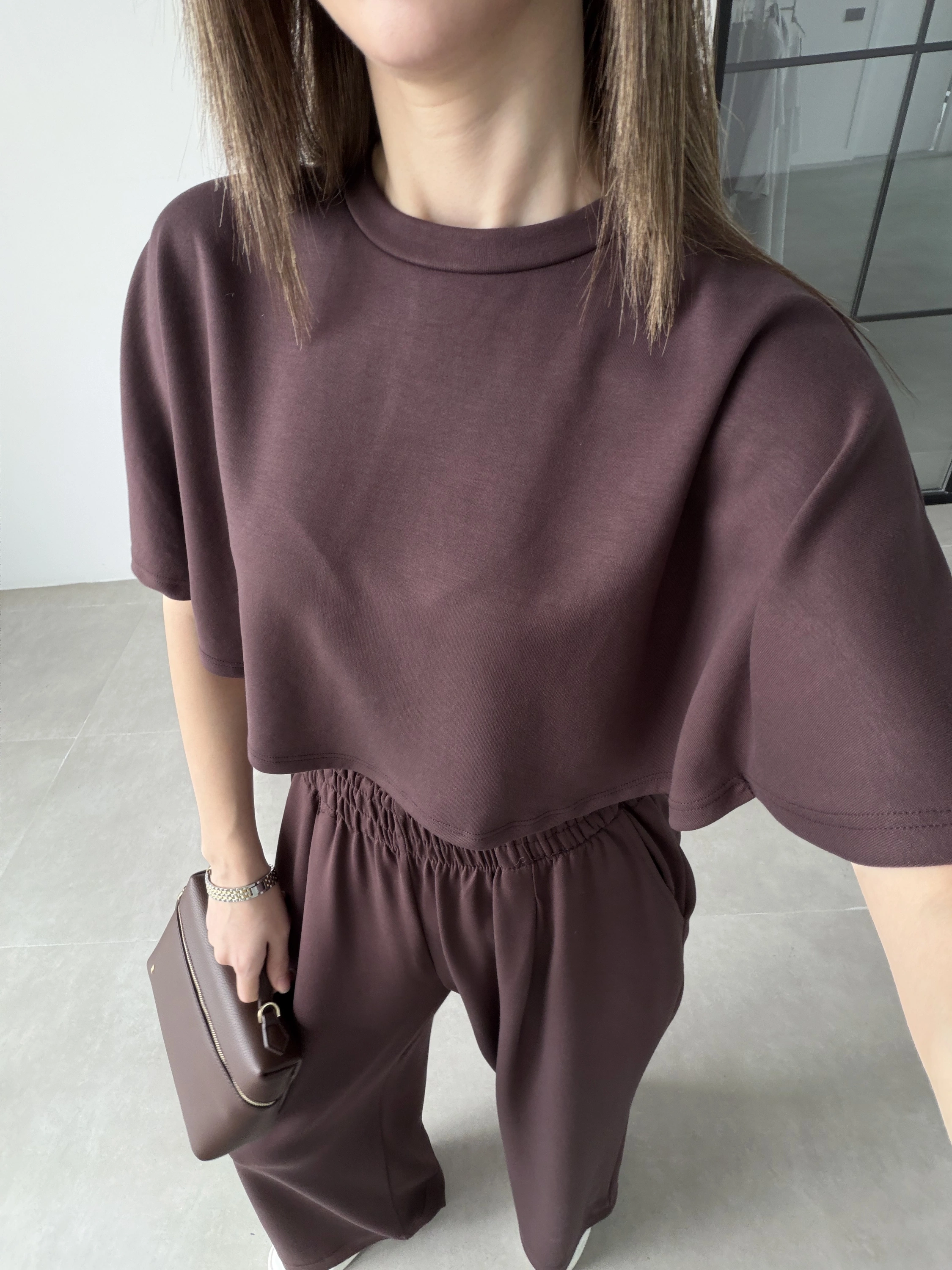 Oysh Modal Kumaş Beli Lastikli Kahve Crop Takım