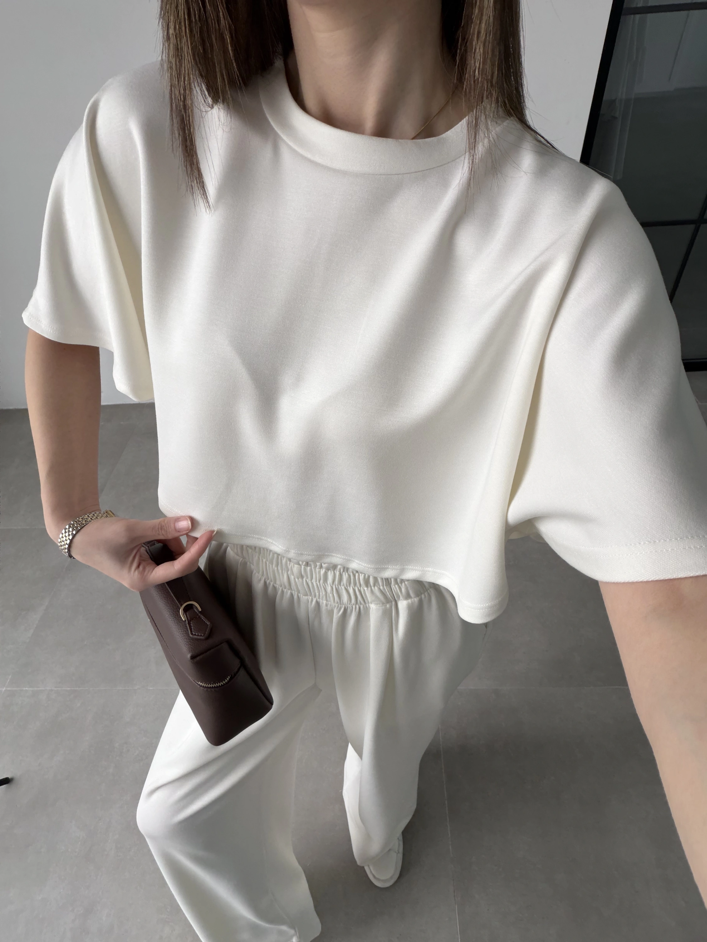 Oysh Modal Kumaş Beli Lastikli Beyaz Crop Takım