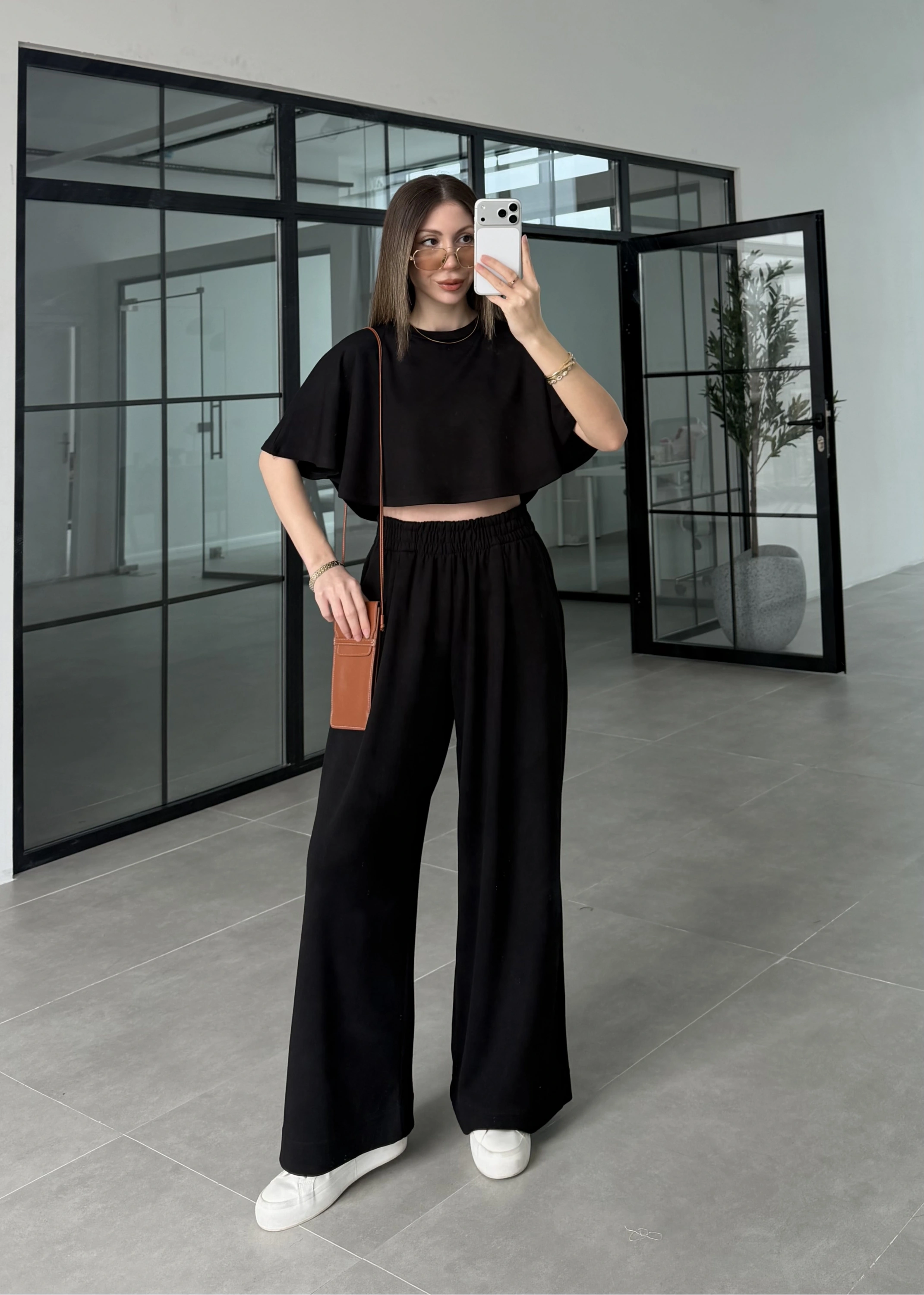Oysh Modal Kumaş Beli Lastikli Siyah Crop Takım
