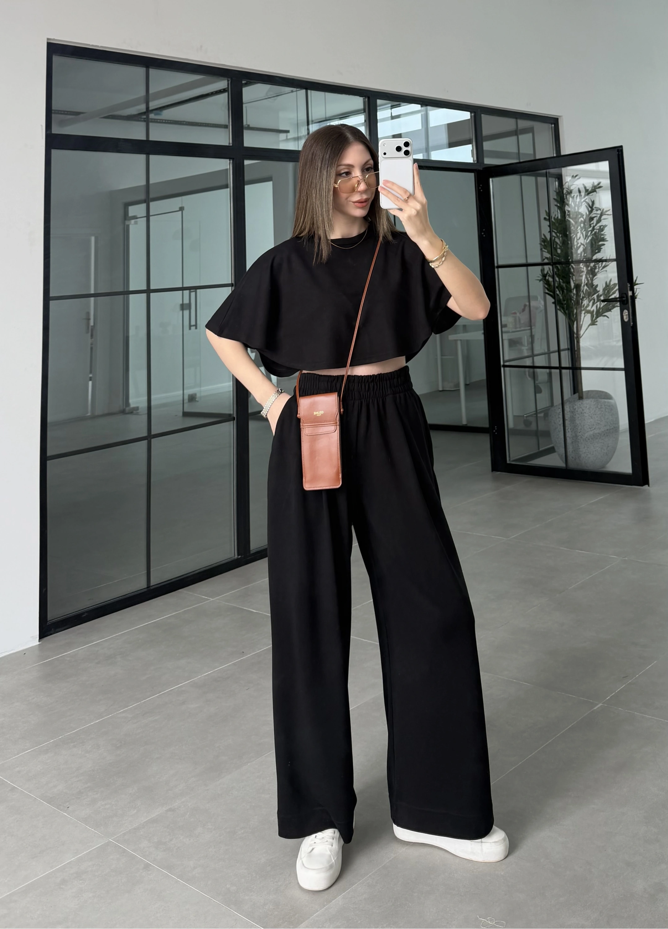 Oysh Modal Kumaş Beli Lastikli Siyah Crop Takım