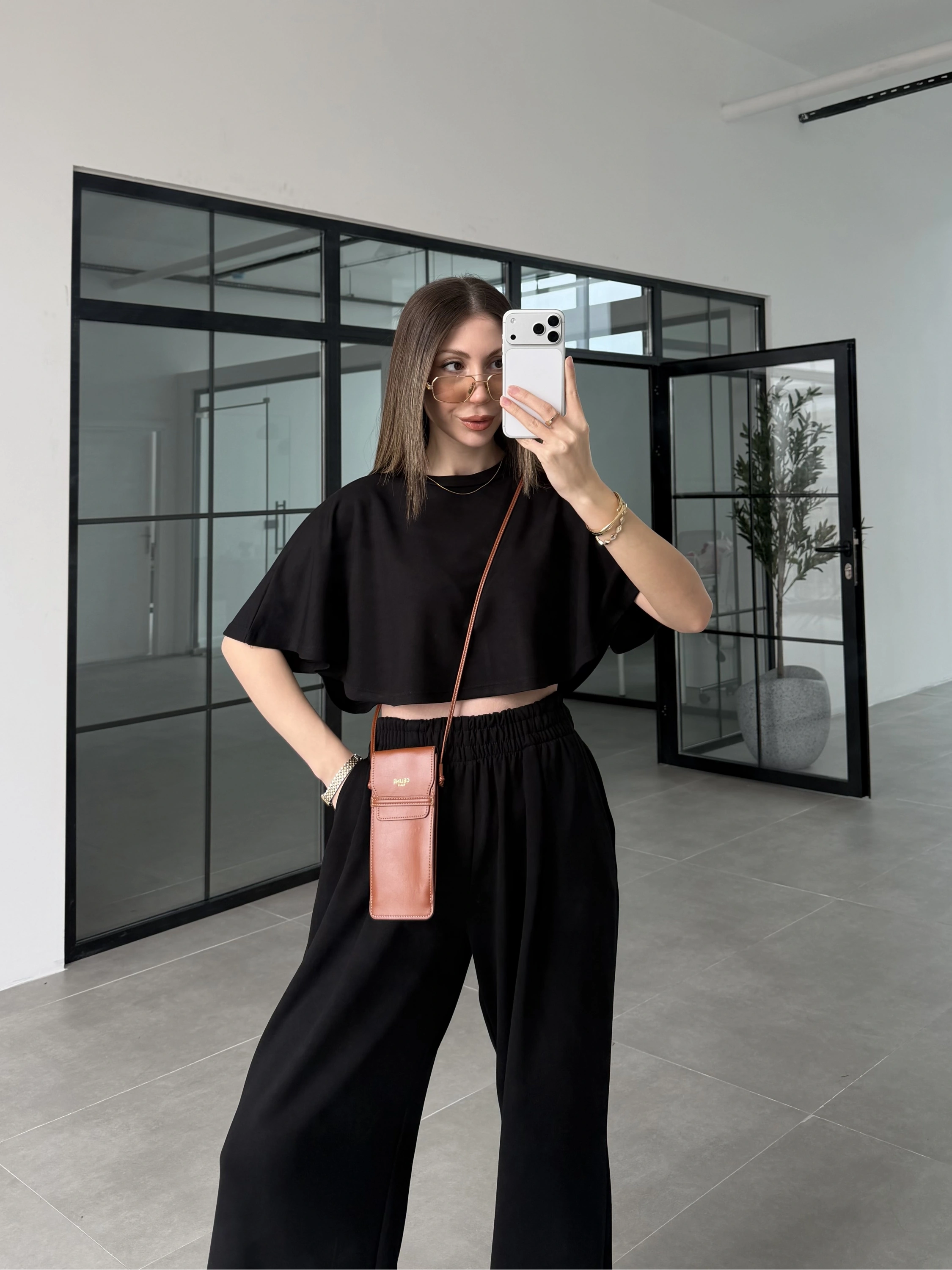 Oysh Modal Kumaş Beli Lastikli Siyah Crop Takım