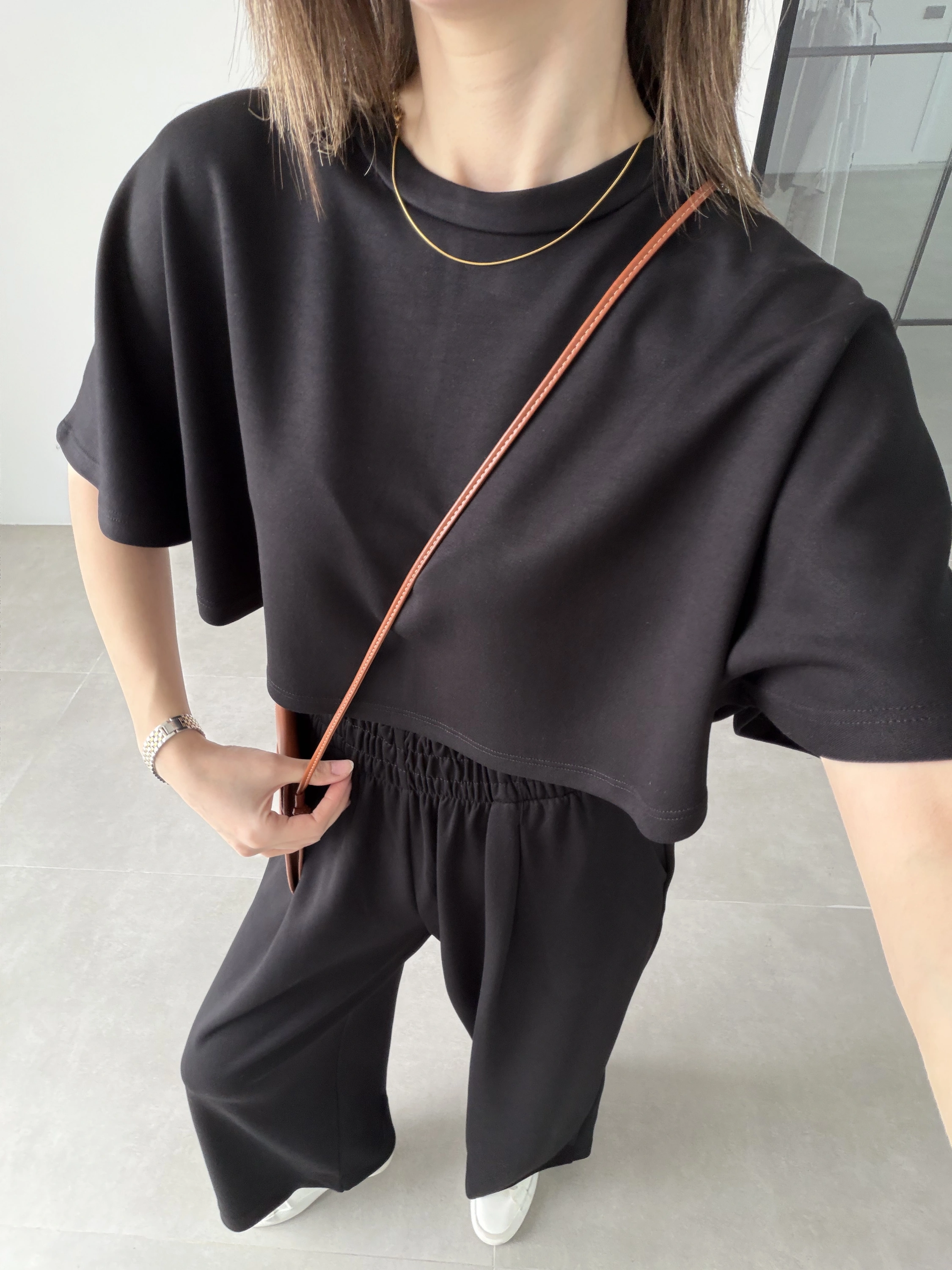 Oysh Modal Kumaş Beli Lastikli Siyah Crop Takım