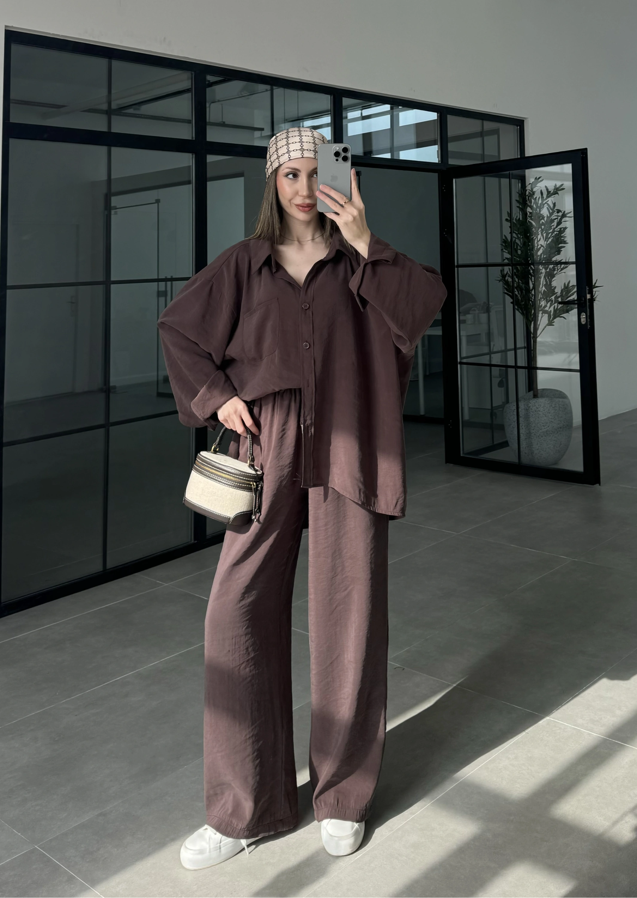 Fav Tensel Kumaş Oversize Kahve Palazzo Takım