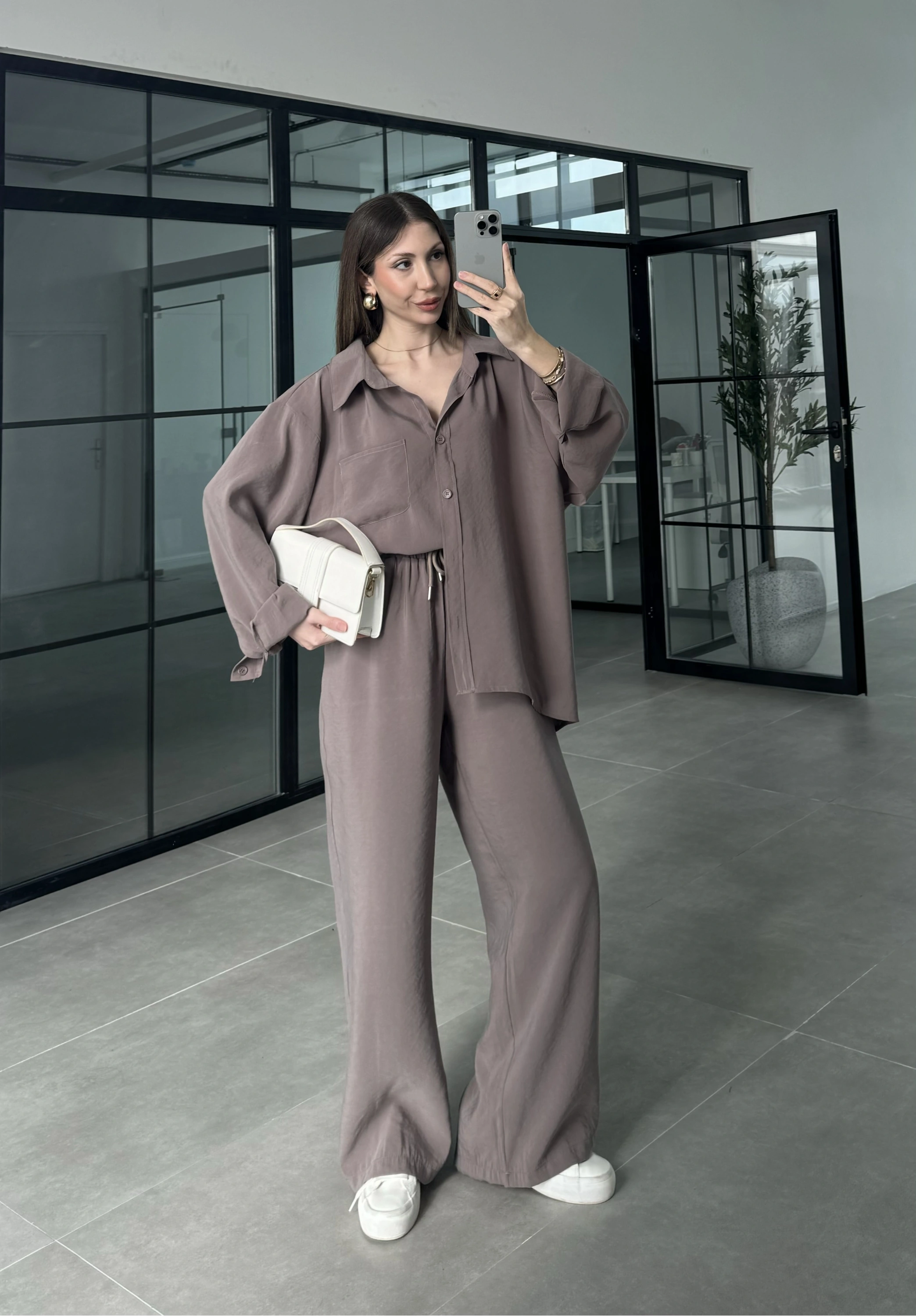 Fav Tensel Kumaş Oversize Vizon Palazzo Takım