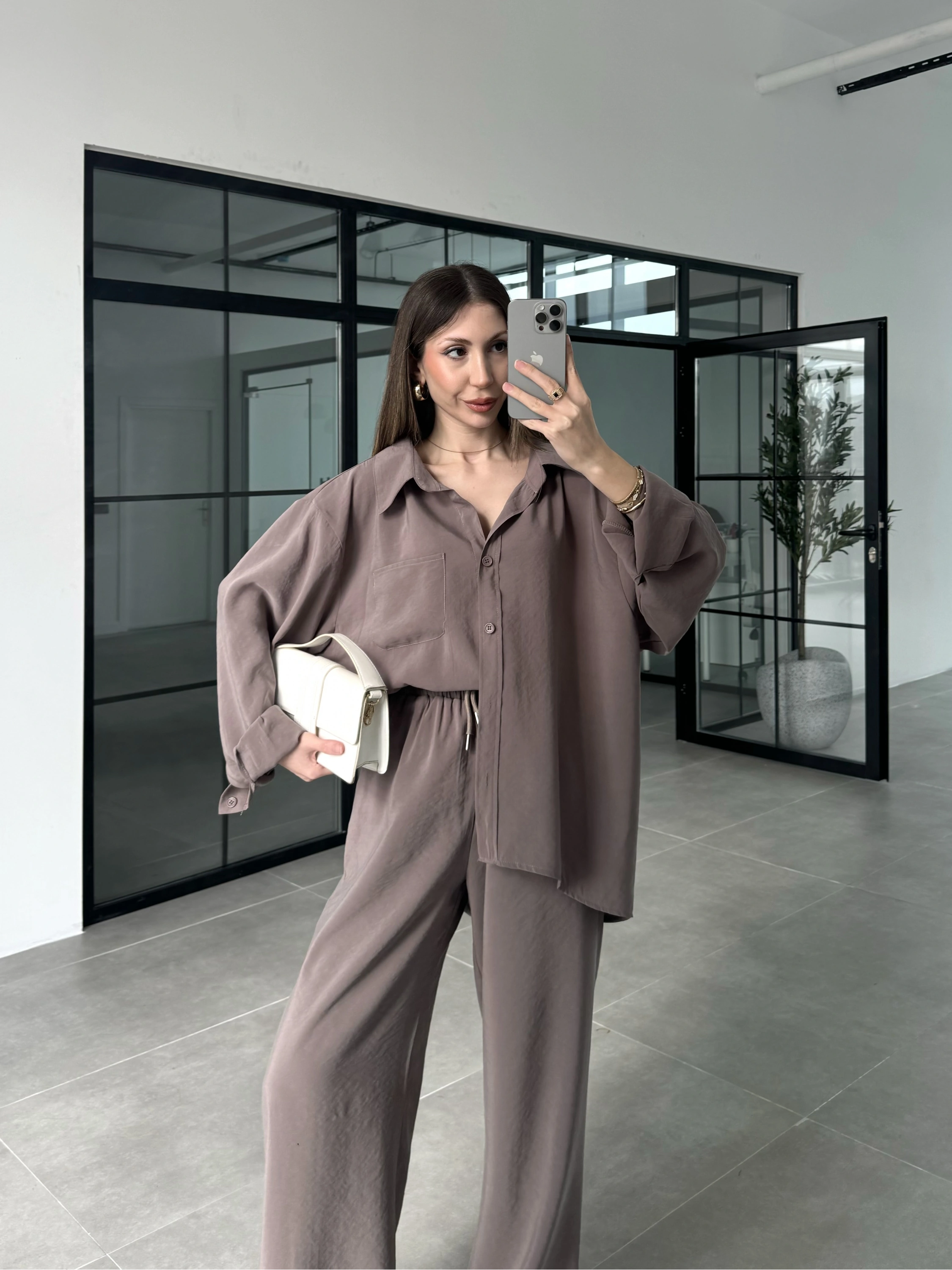 Fav Tensel Kumaş Oversize Vizon Palazzo Takım