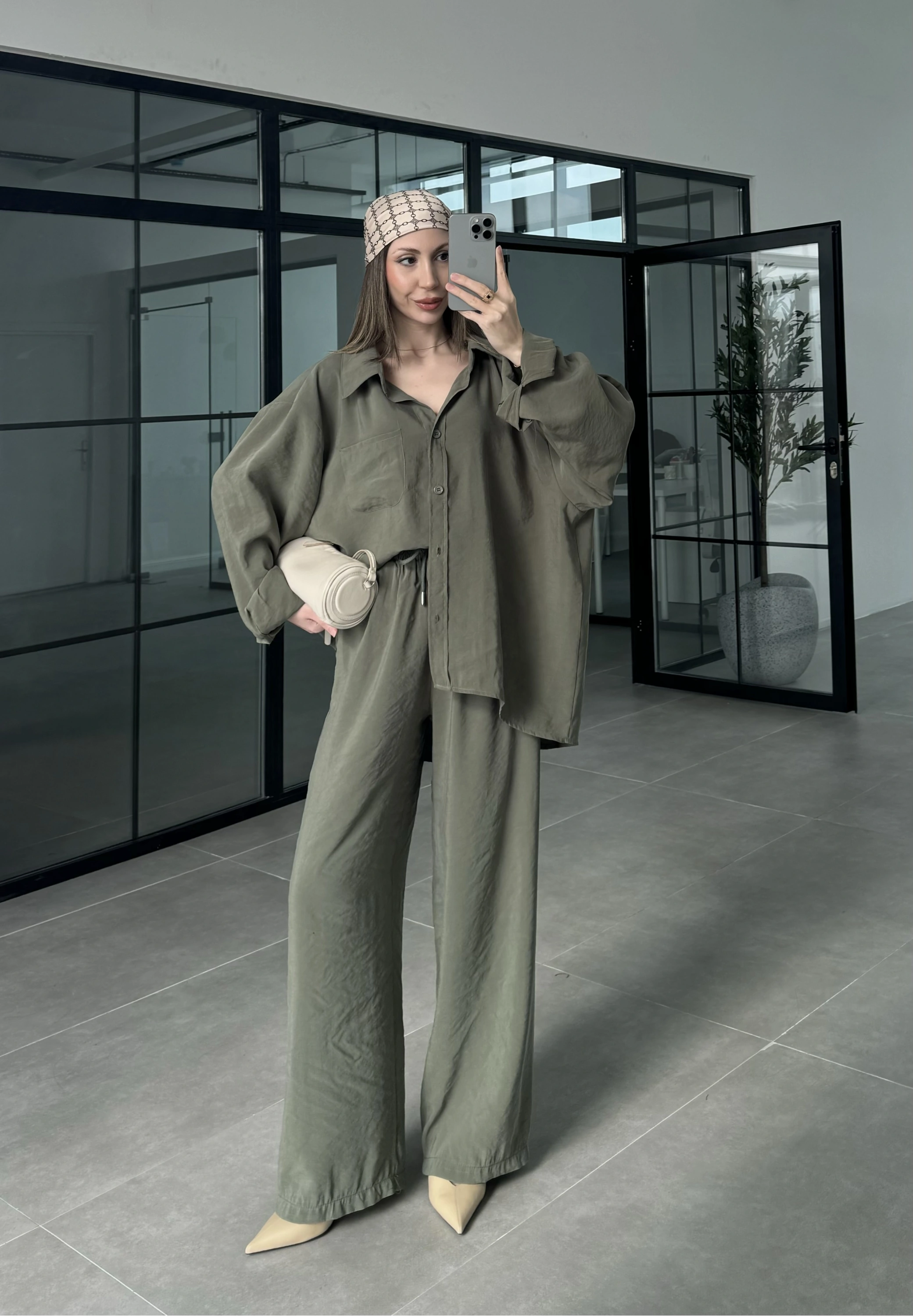 Fav Tensel Kumaş Oversize Haki Palazzo Takım