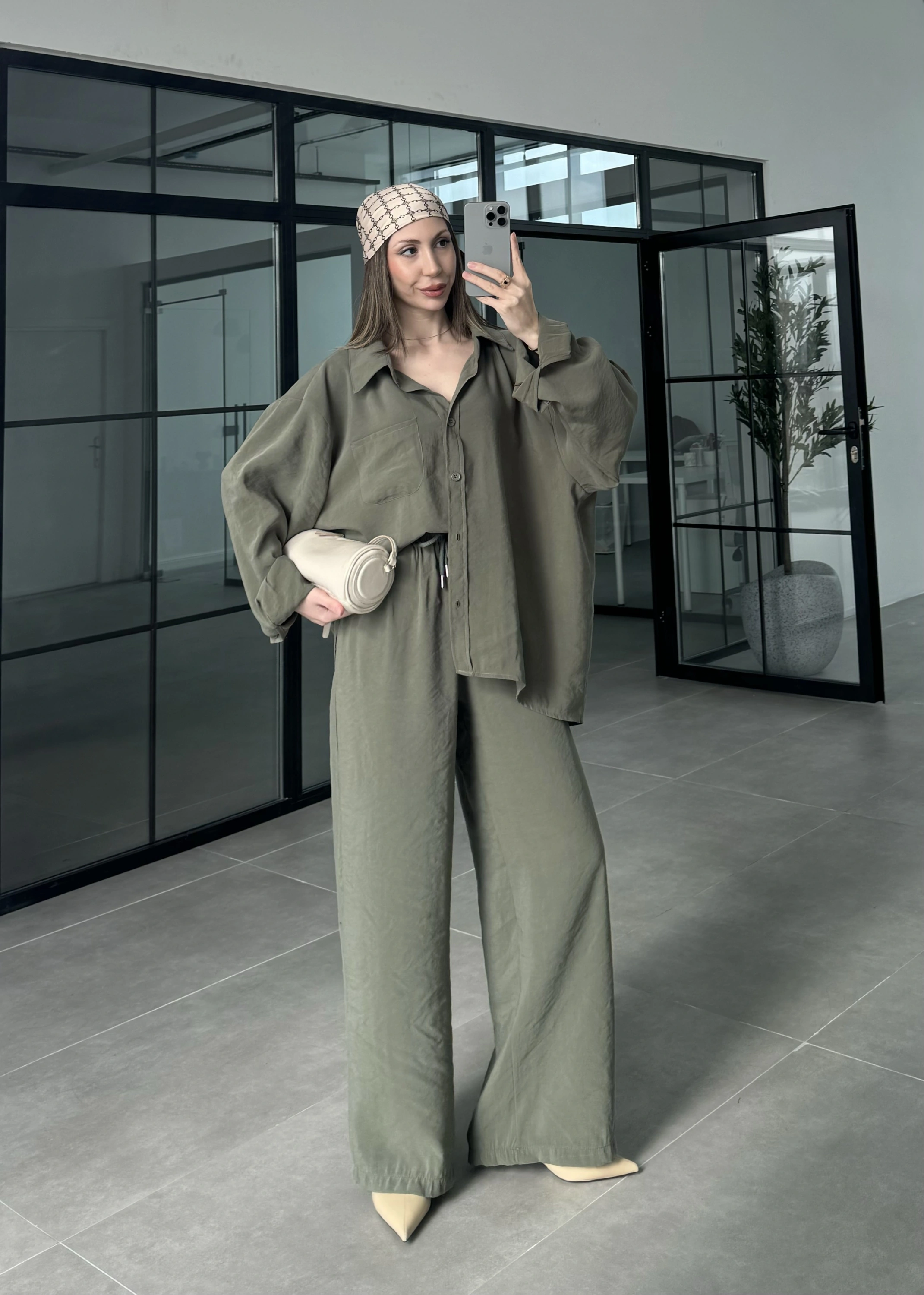 Fav Tensel Kumaş Oversize Haki Palazzo Takım