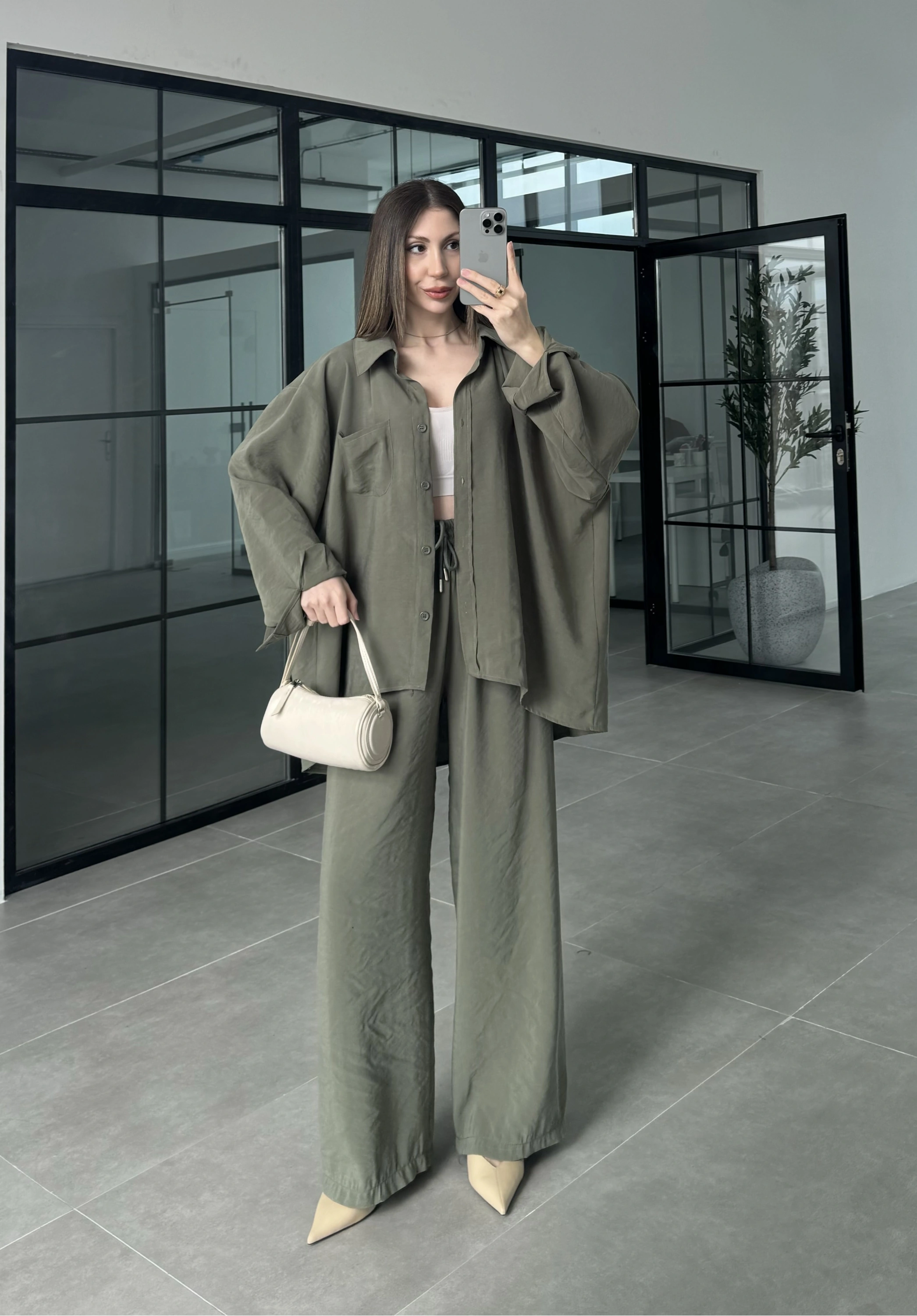 Fav Tensel Kumaş Oversize Haki Palazzo Takım
