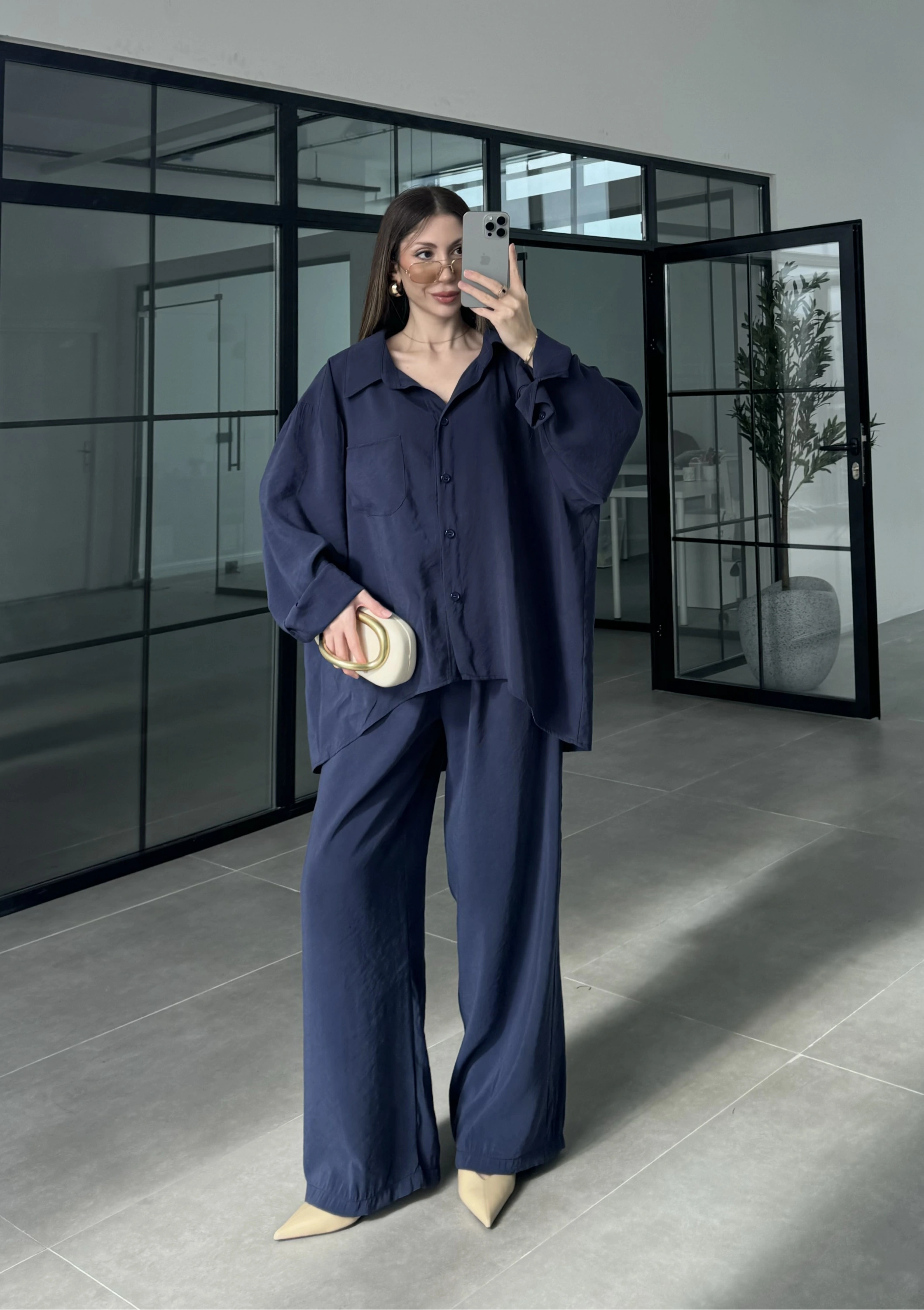 Fav Tensel Kumaş Oversize Lacivert Palazzo Takım