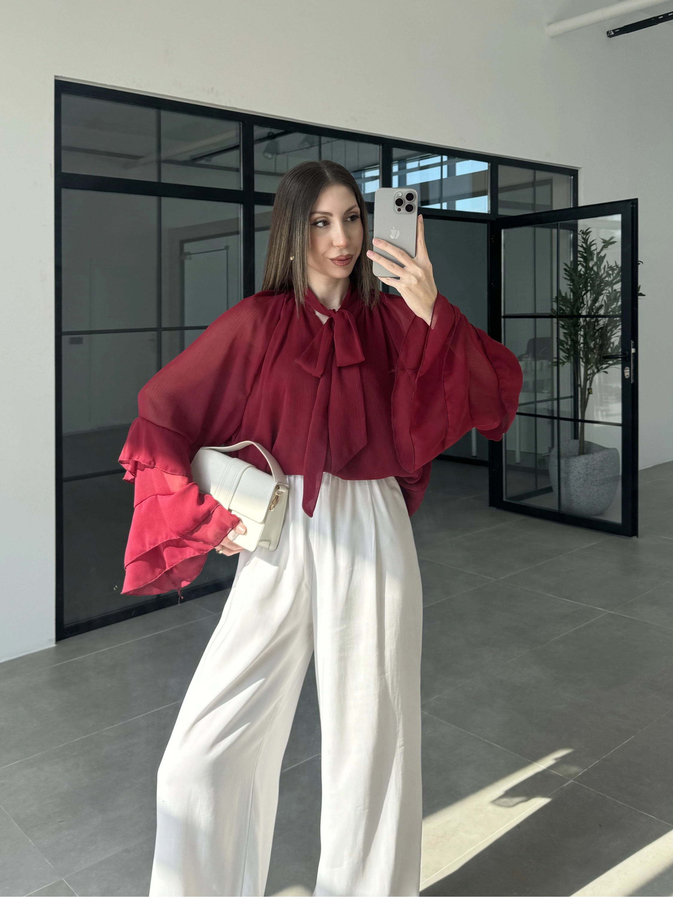 Loya Bağlamalı Bordo Şifon Bluz