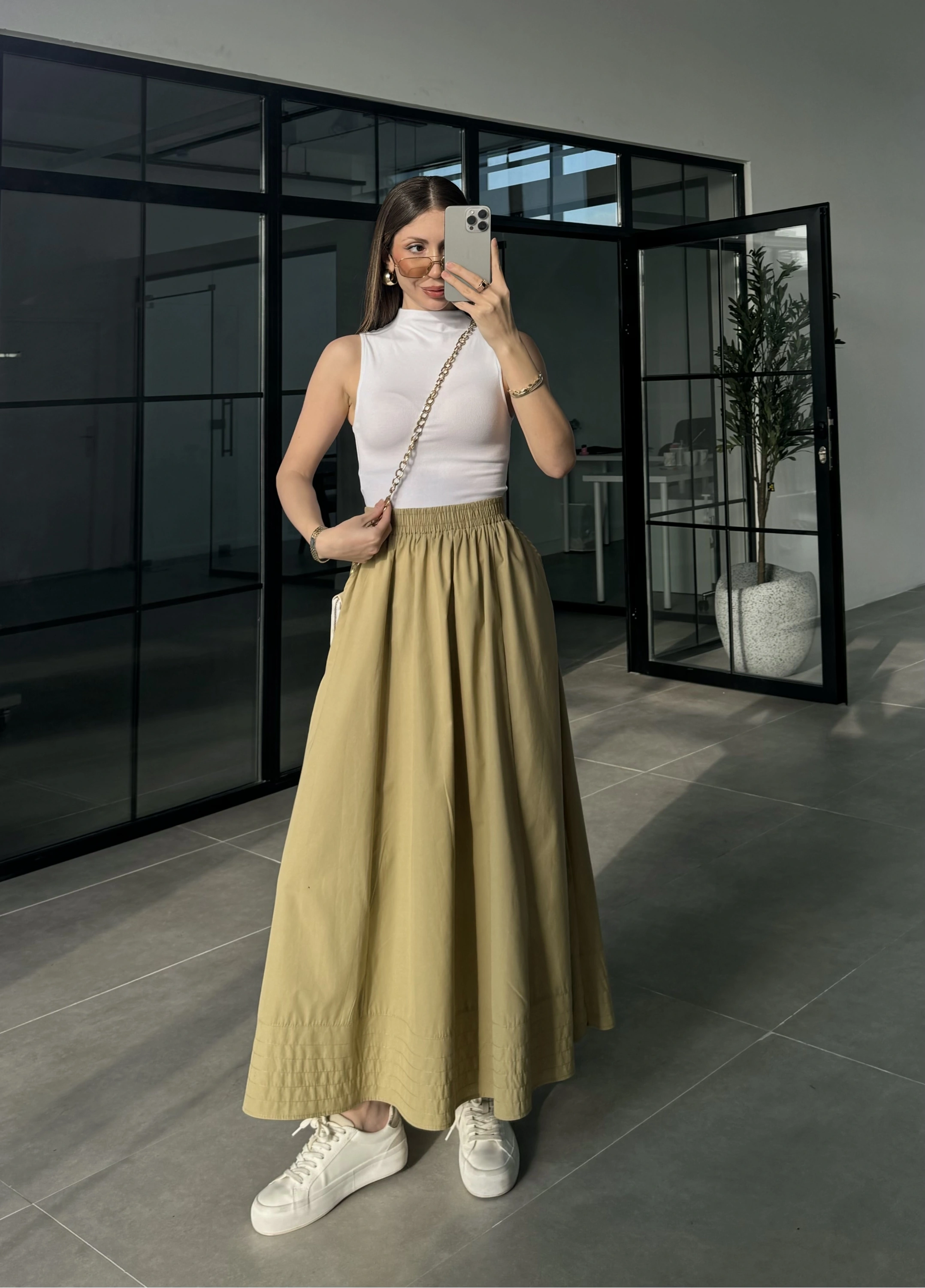 Poplin Kumaş Cepli Olive Etek