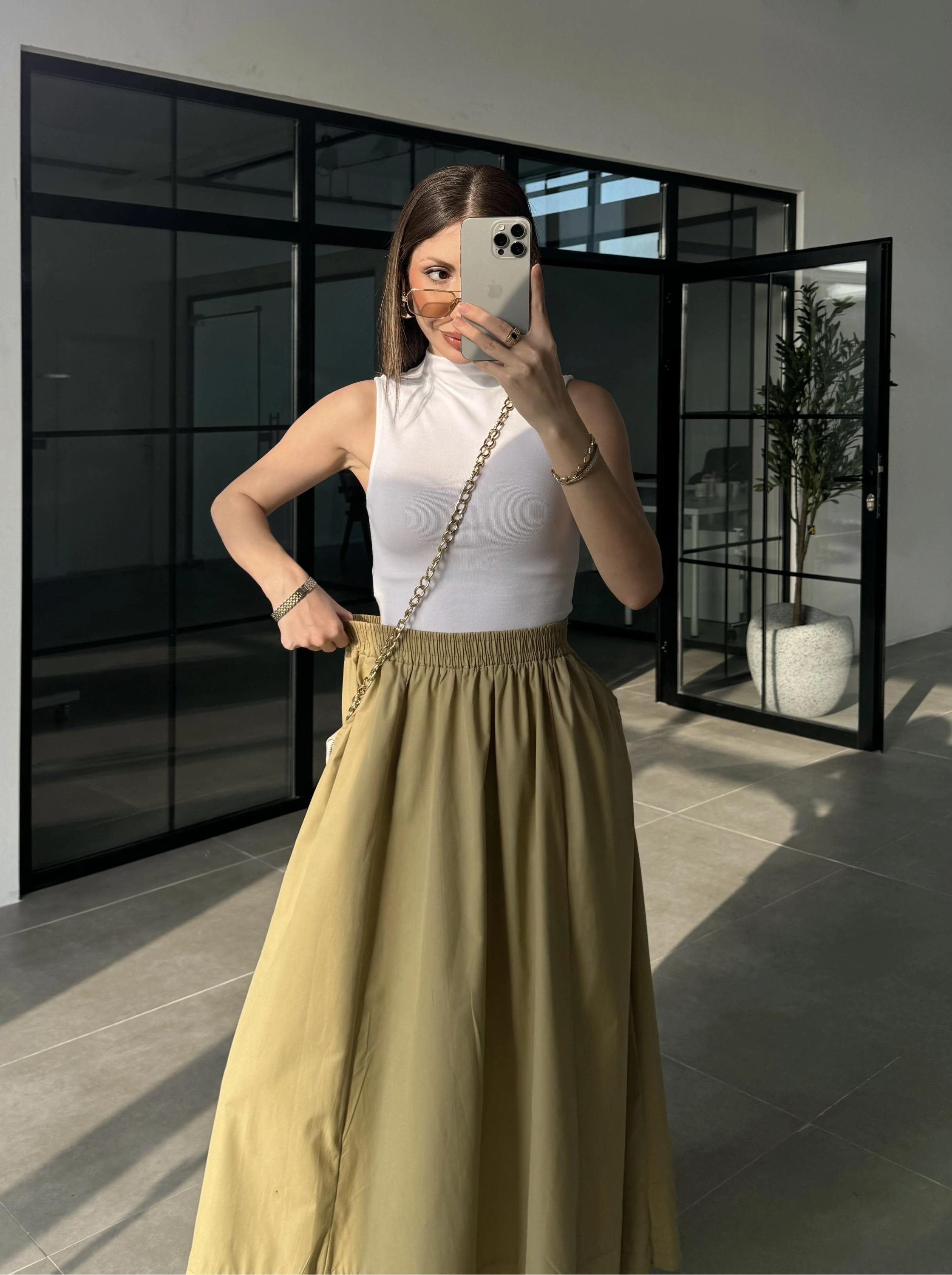 Poplin Kumaş Cepli Olive Etek