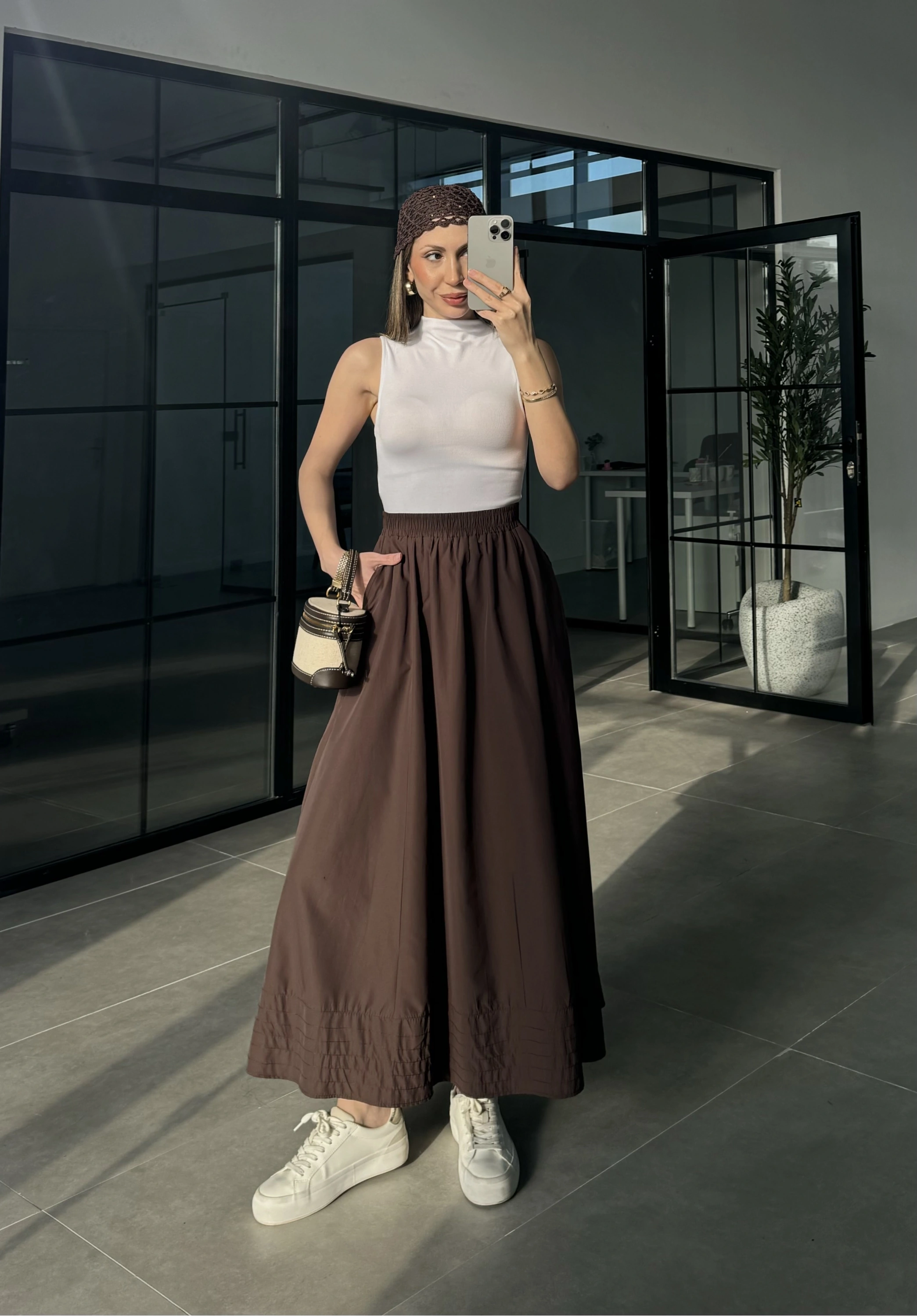 Poplin Kumaş Cepli Kahve Etek