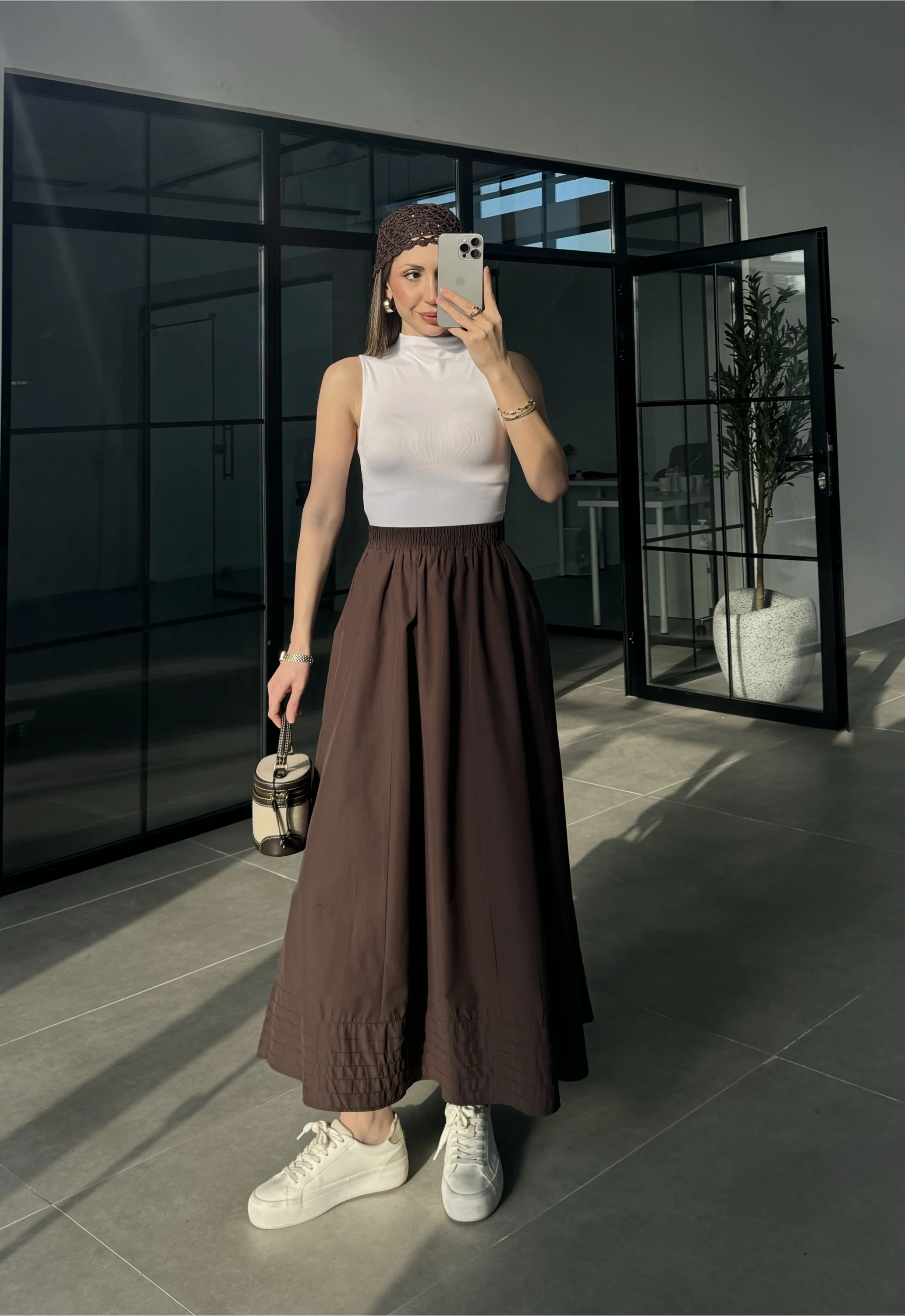 Poplin Kumaş Cepli Kahve Etek