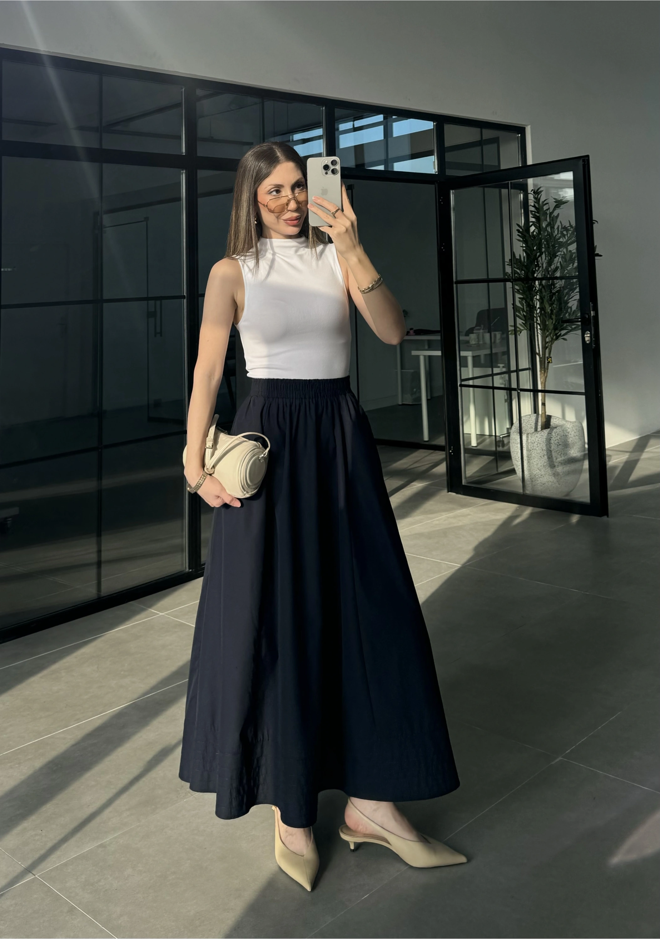 Poplin Kumaş Cepli Lacivert Etek