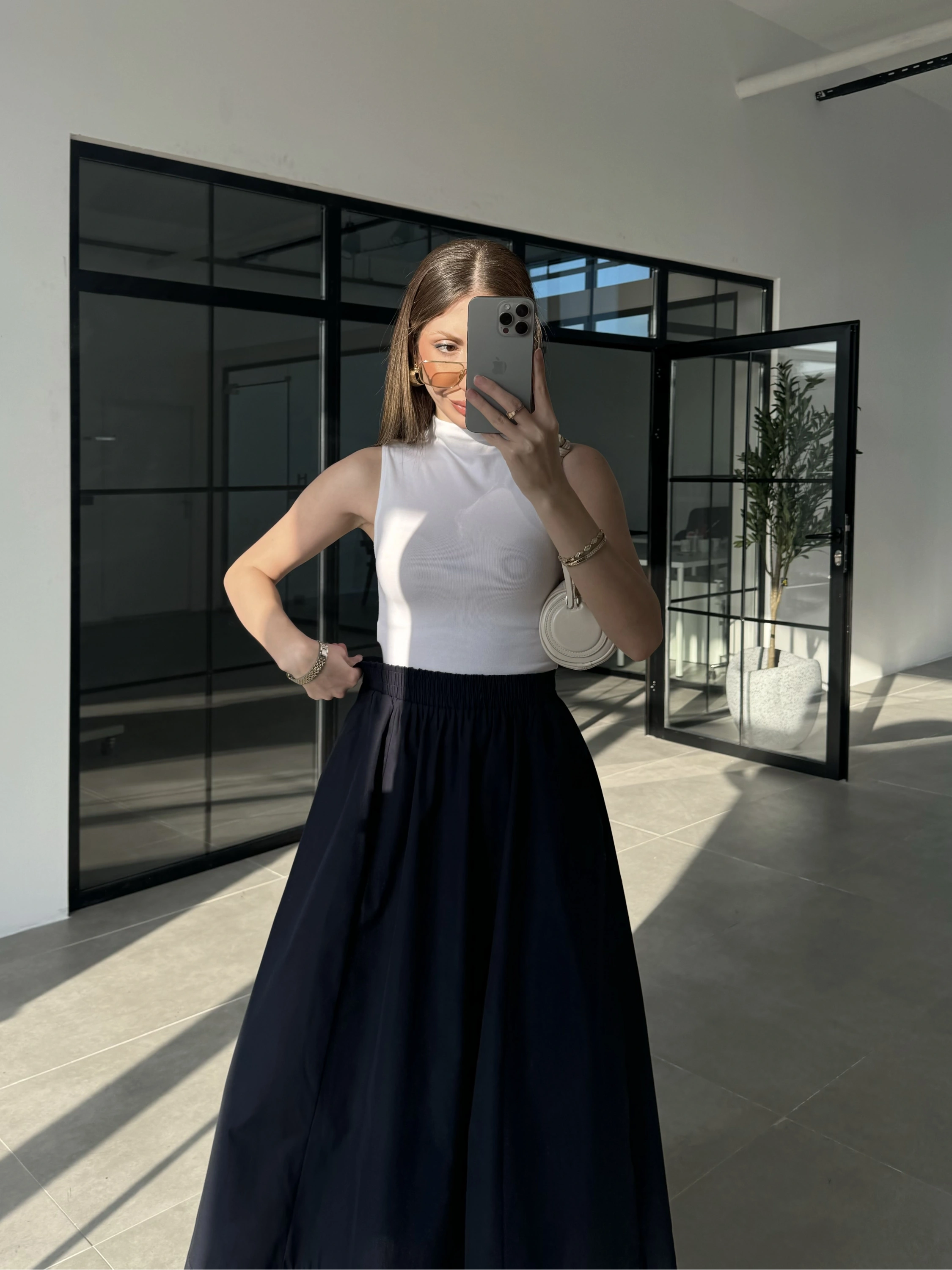 Poplin Kumaş Cepli Lacivert Etek