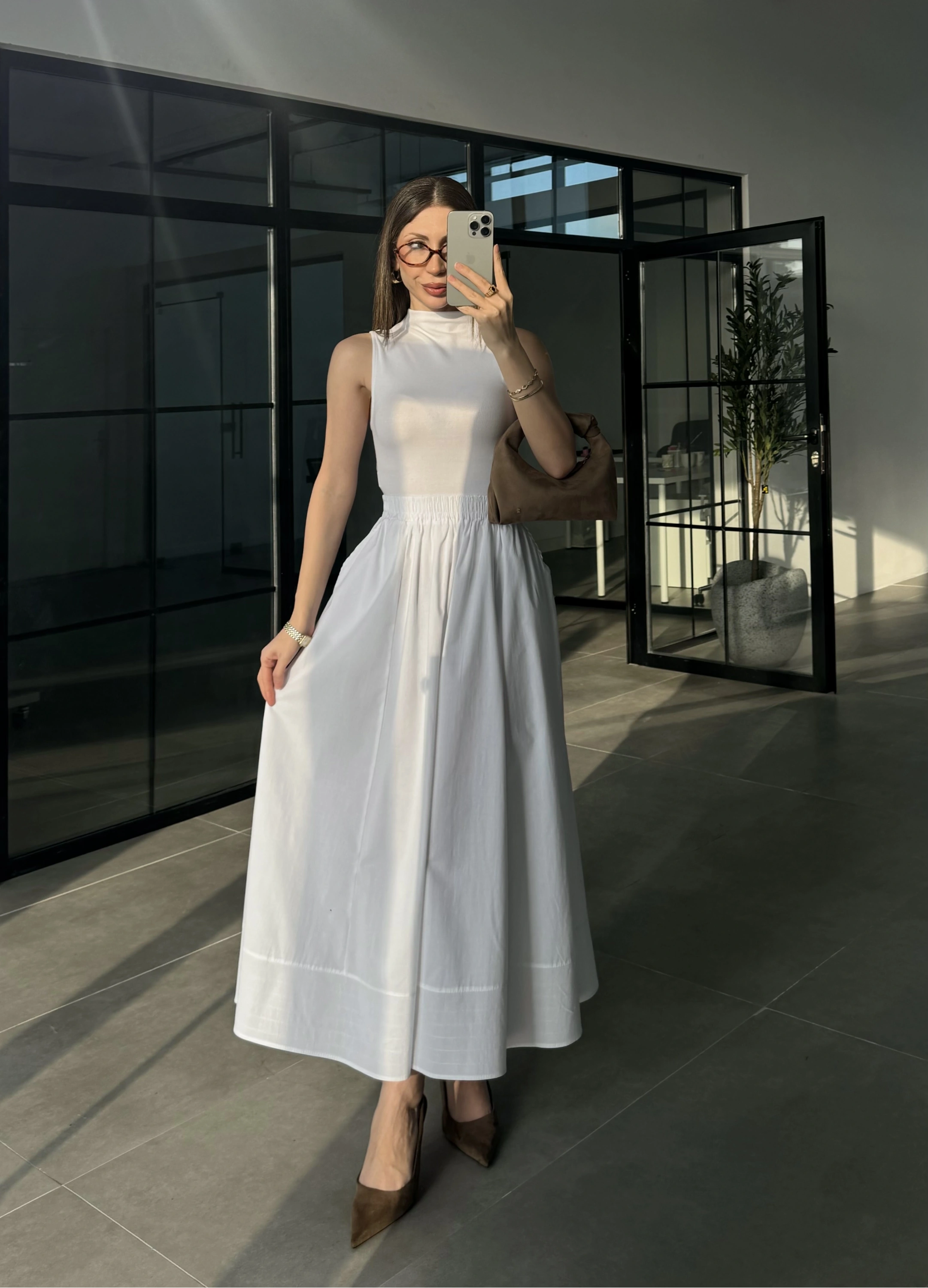 Poplin Kumaş Cepli Beyaz Etek