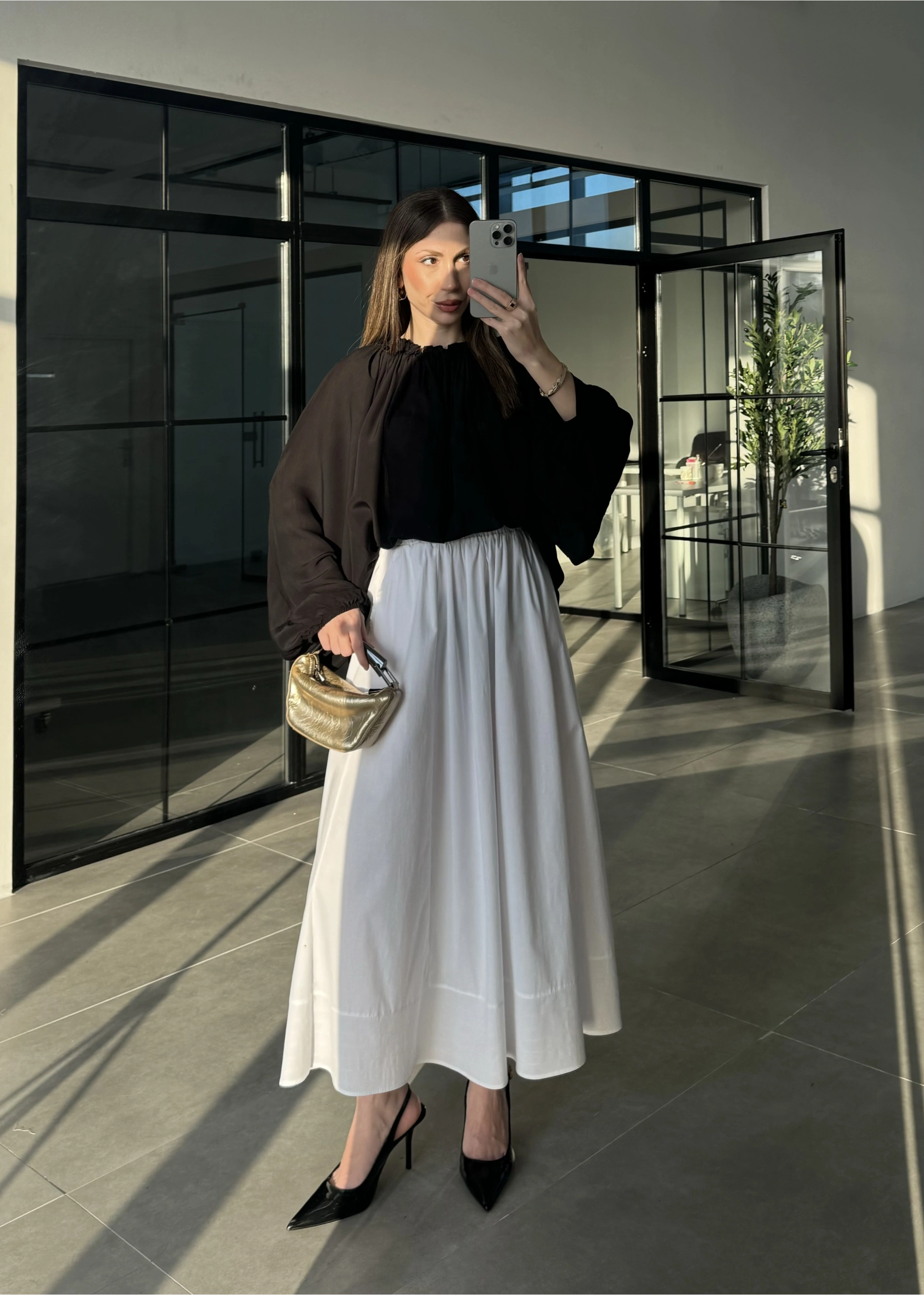 Poplin Kumaş Cepli Beyaz Etek
