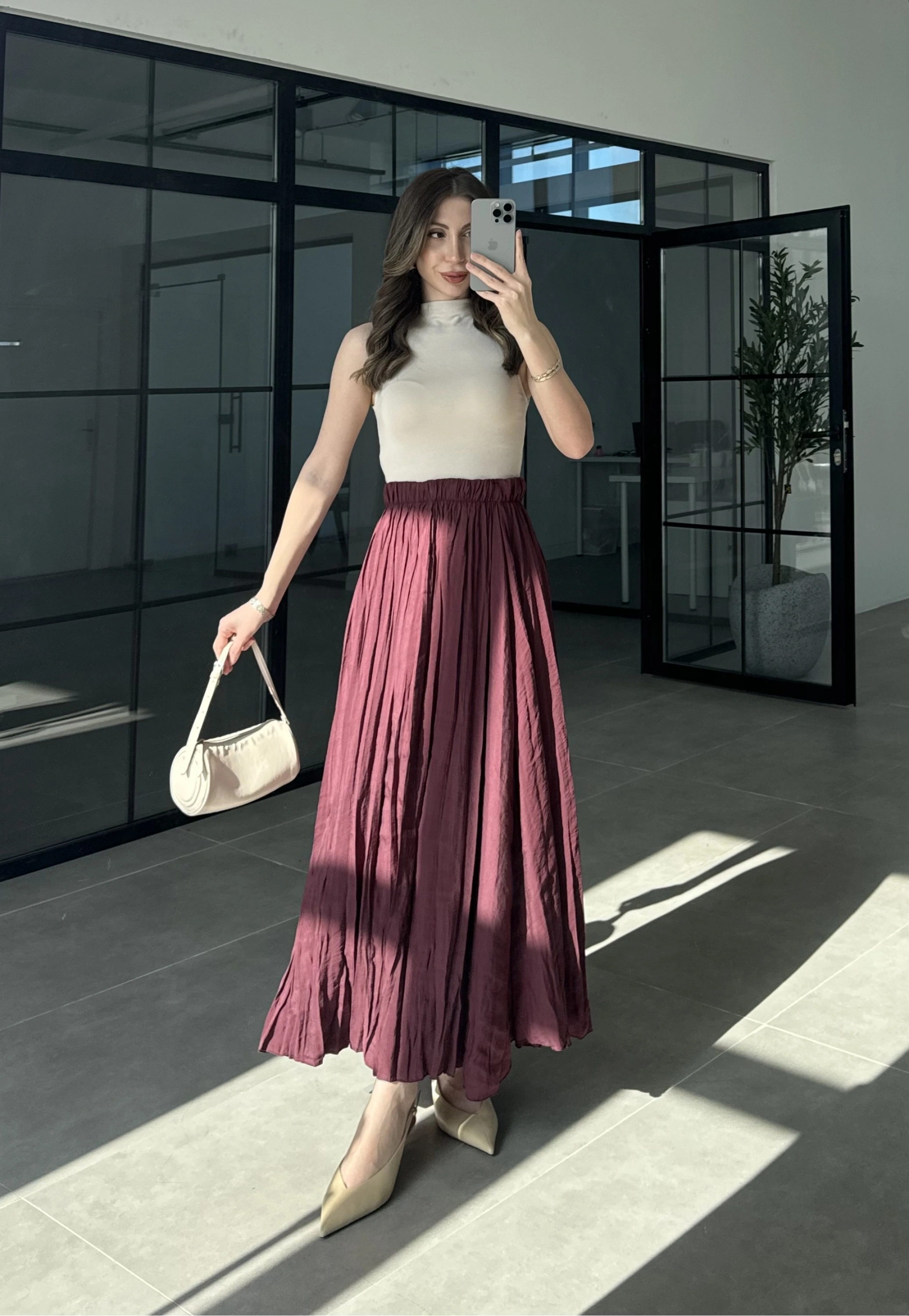Beli Lastikli Bordo Tensel Kırışık Etek