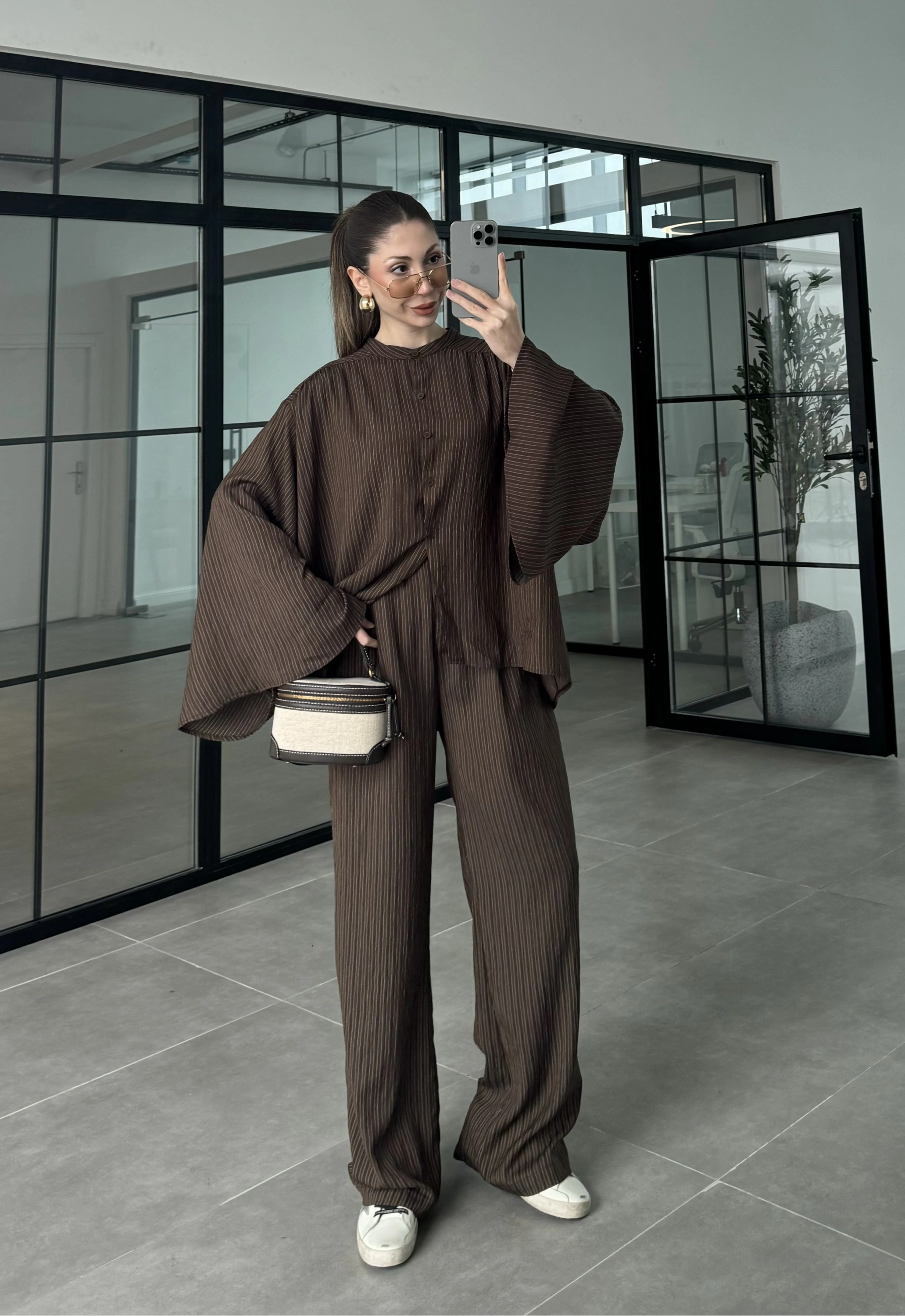 Yarasa Kol Oversize Çizgili Kahve Takım