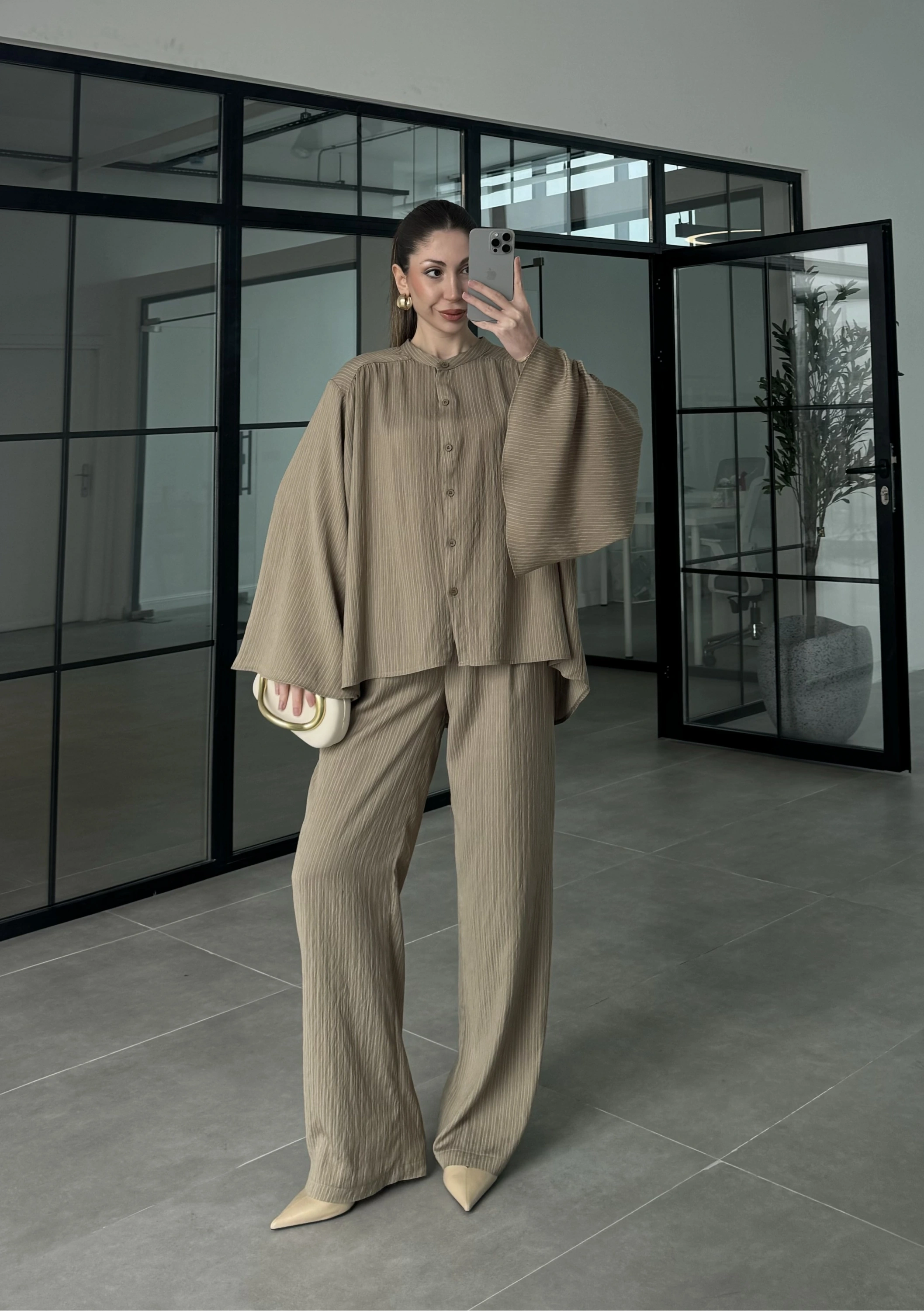 Yarasa Kol Oversize Çizgili Haki Takım