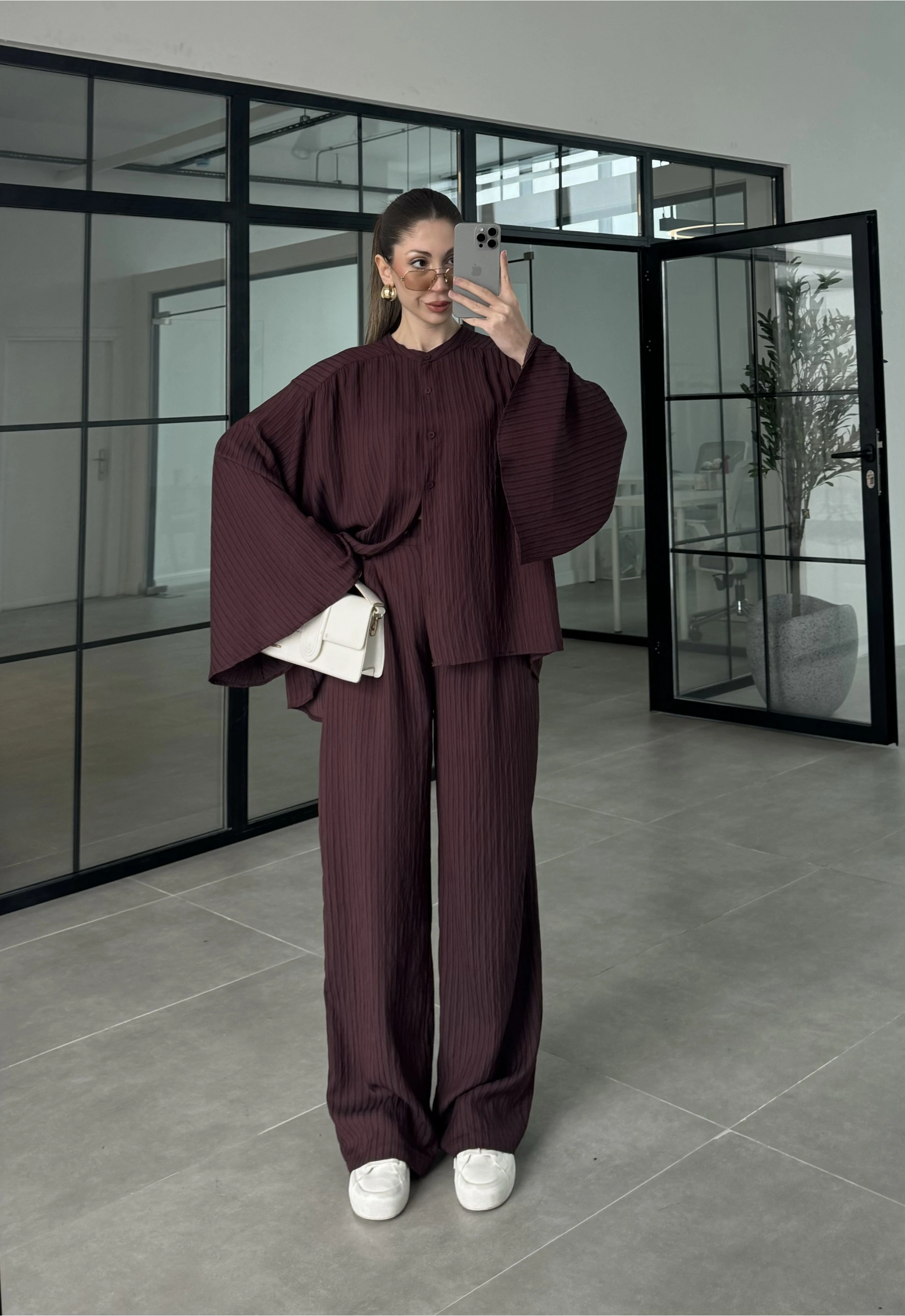Yarasa Kol Oversize Çizgili Bordo Takım