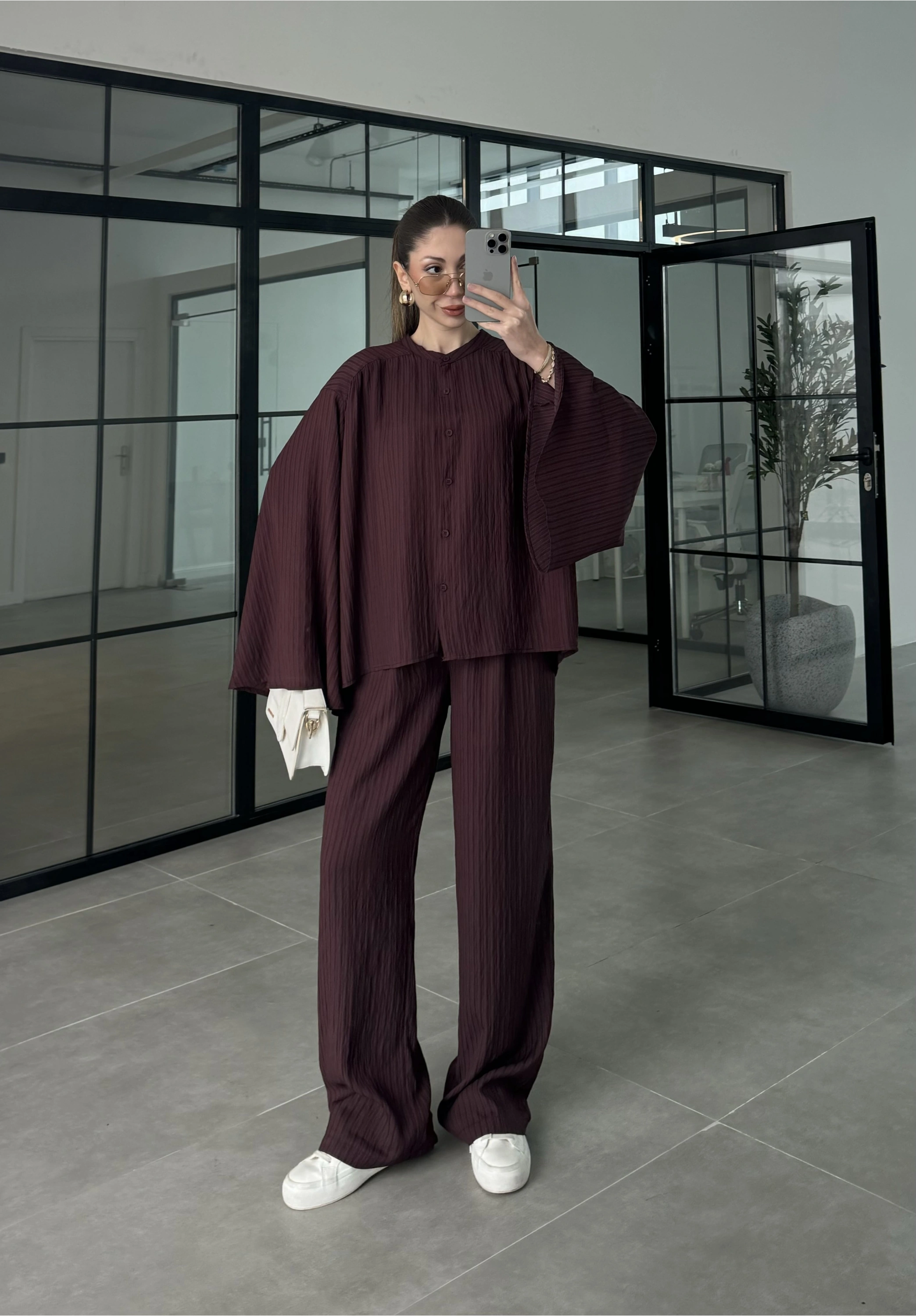 Yarasa Kol Oversize Çizgili Bordo Takım