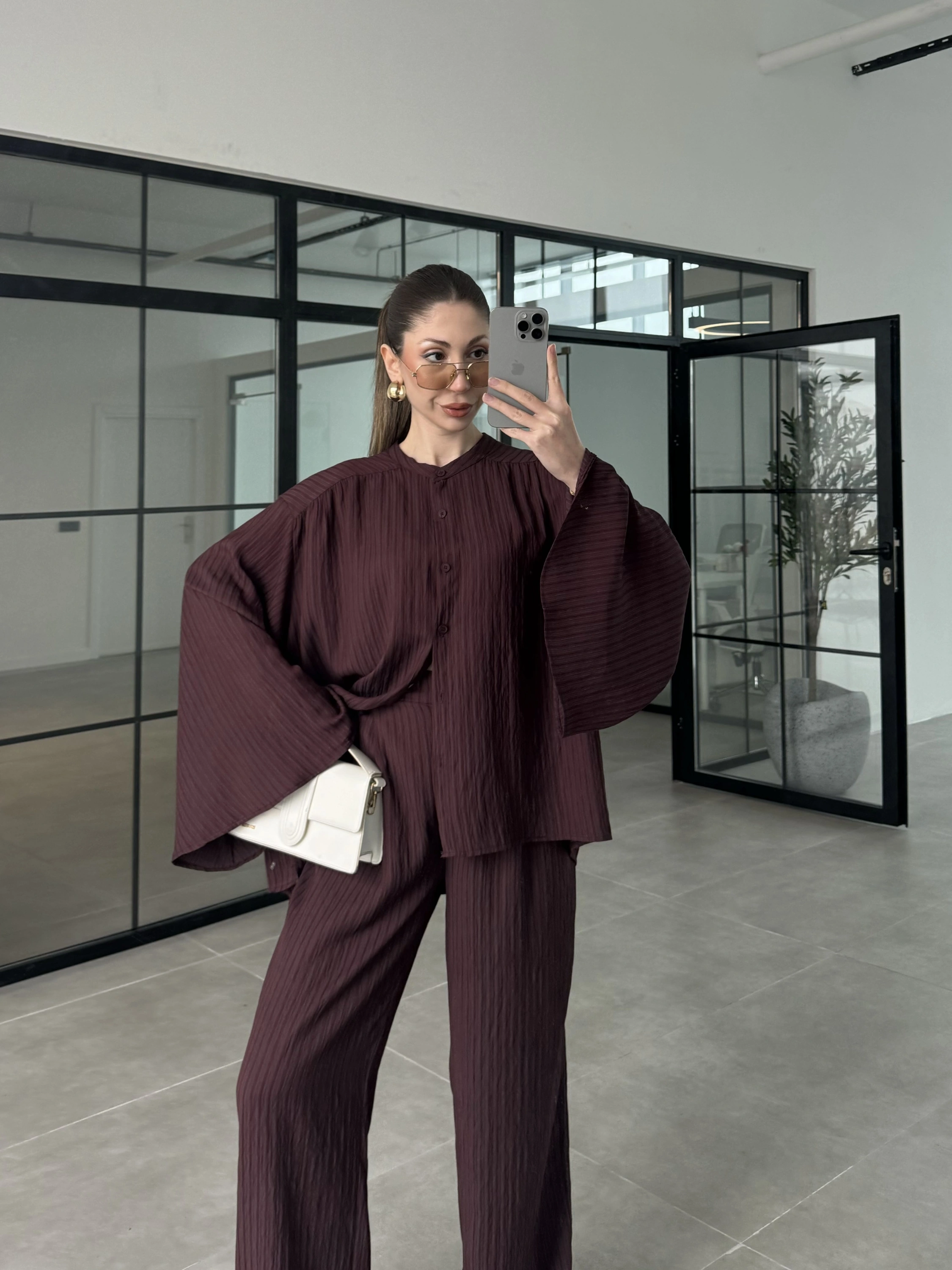 Yarasa Kol Oversize Çizgili Bordo Takım