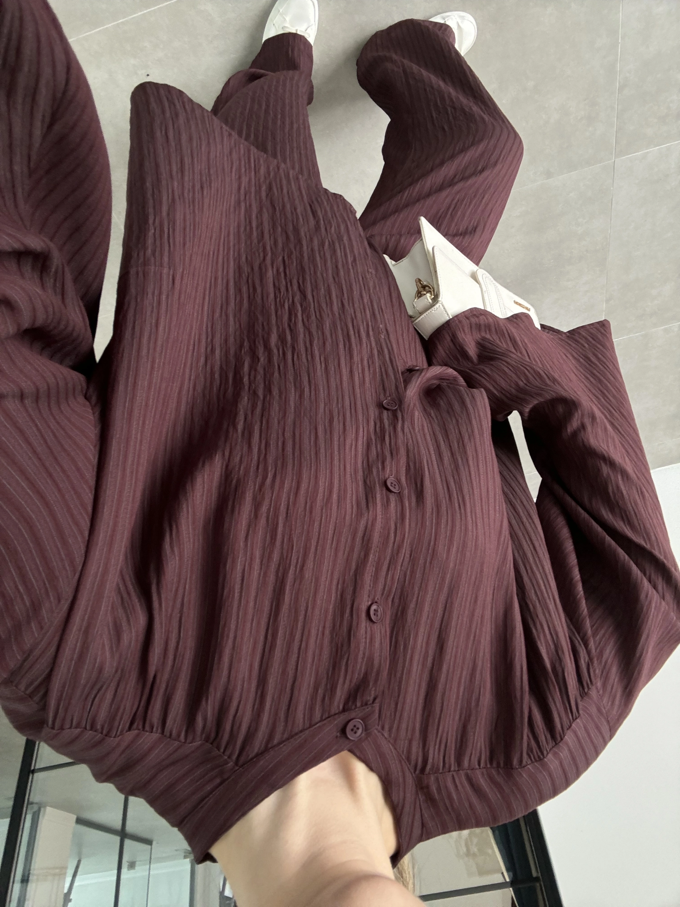 Yarasa Kol Oversize Çizgili Bordo Takım