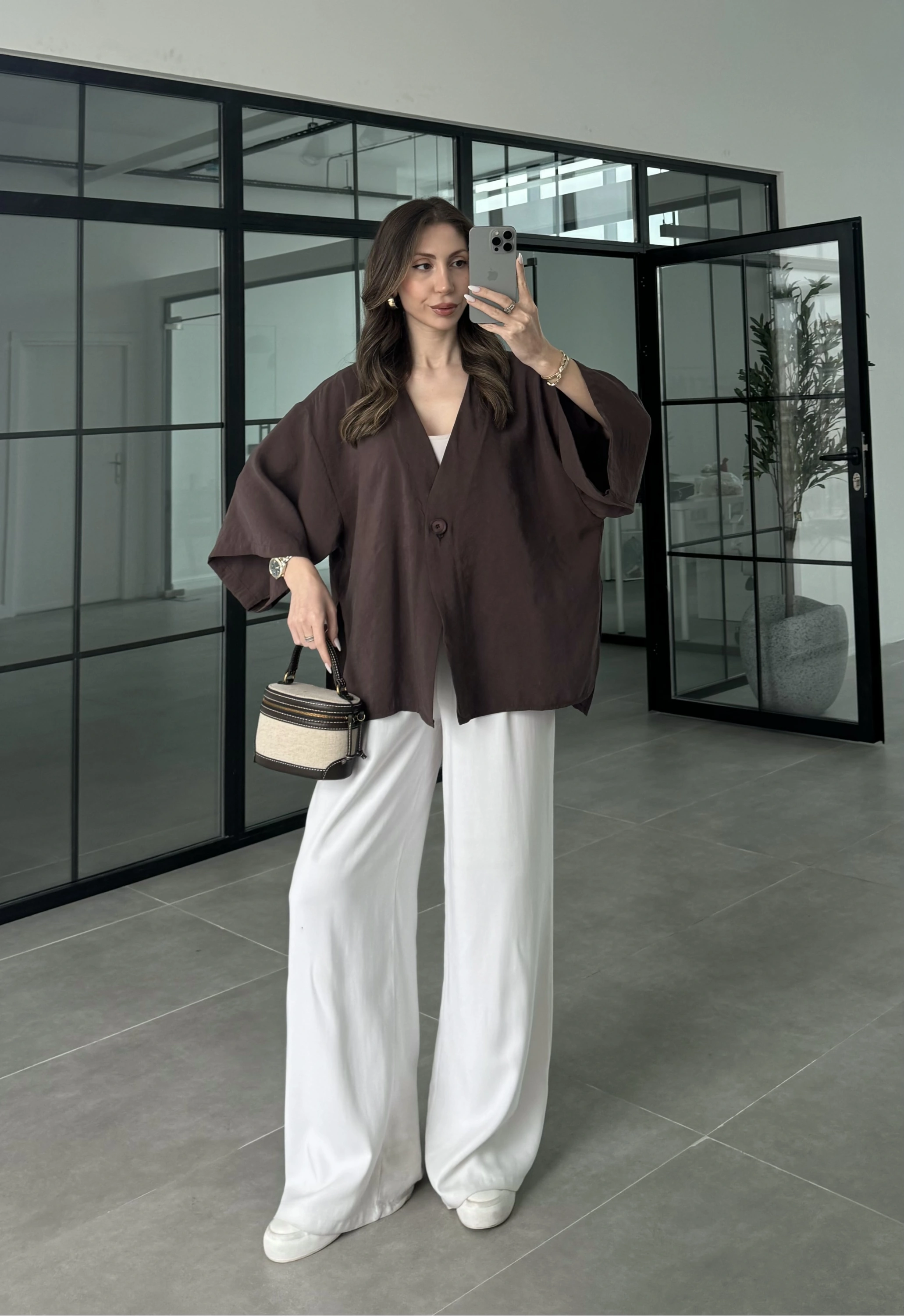 Sofi Tek Düğme Oversize Tensel Kahve Gömlek
